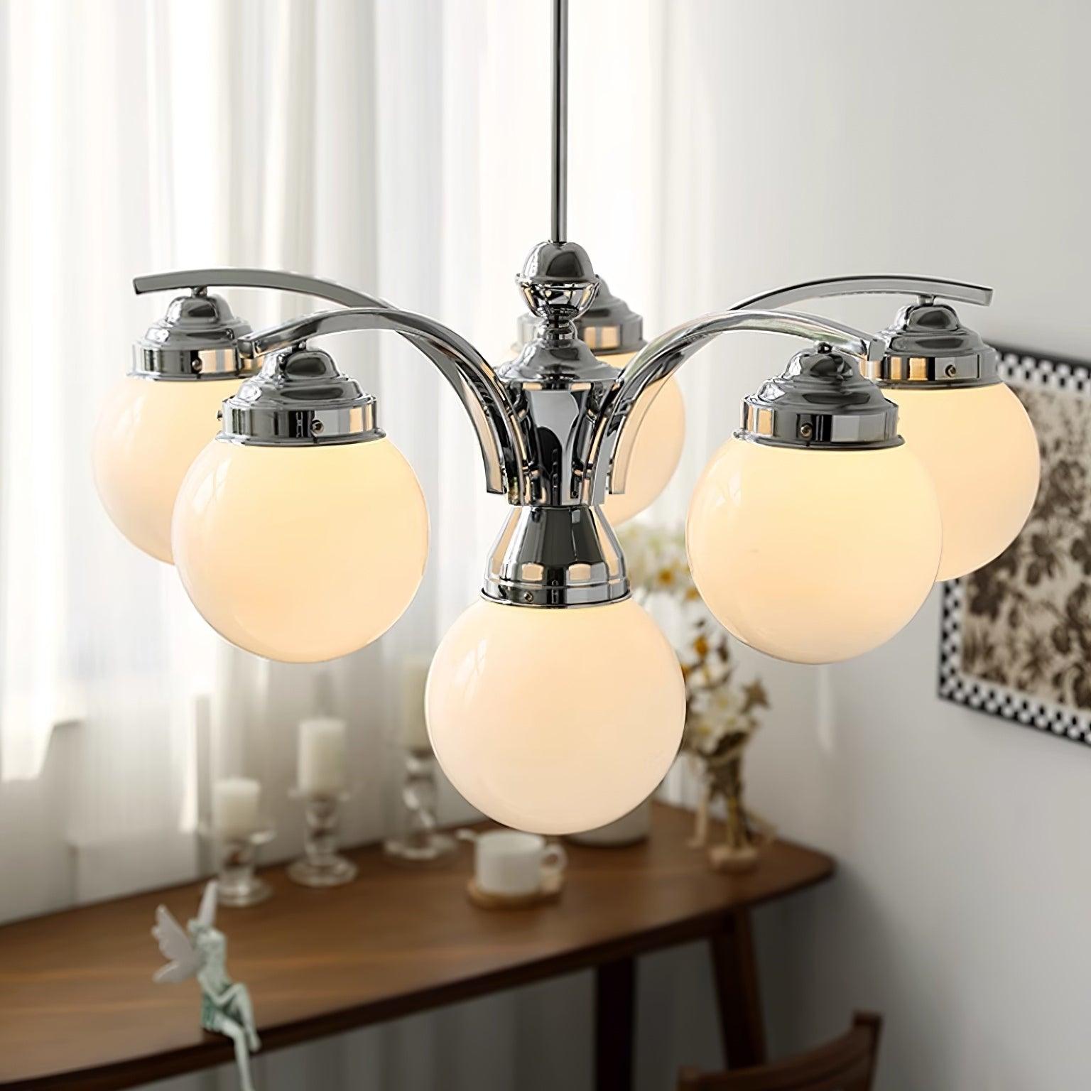 Salamanca Chandelier Pink Glass Globes Chrome Arcs Stylish - Letslighting
