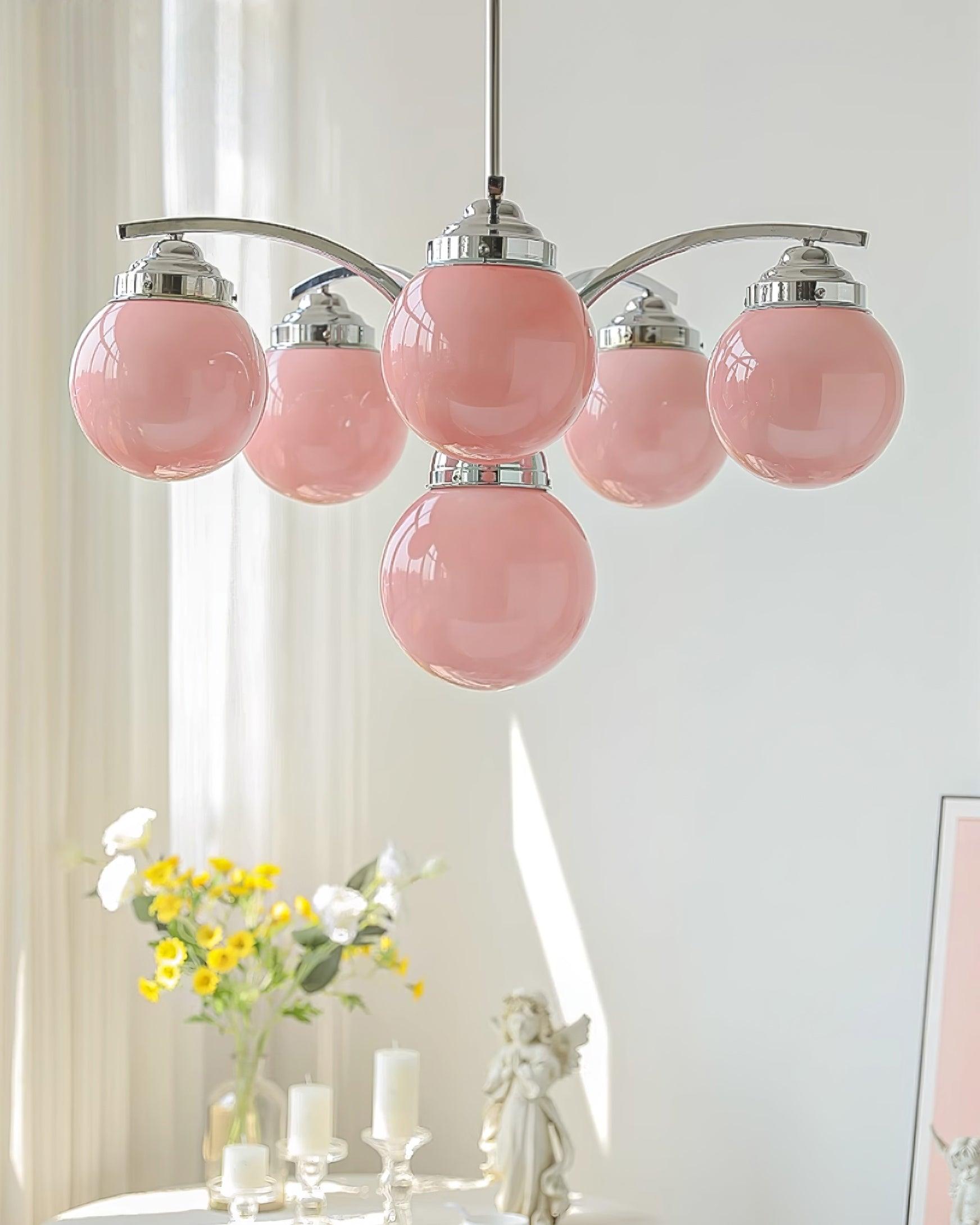Salamanca Chandelier Pink Glass Globes Chrome Arcs Stylish - Letslighting
