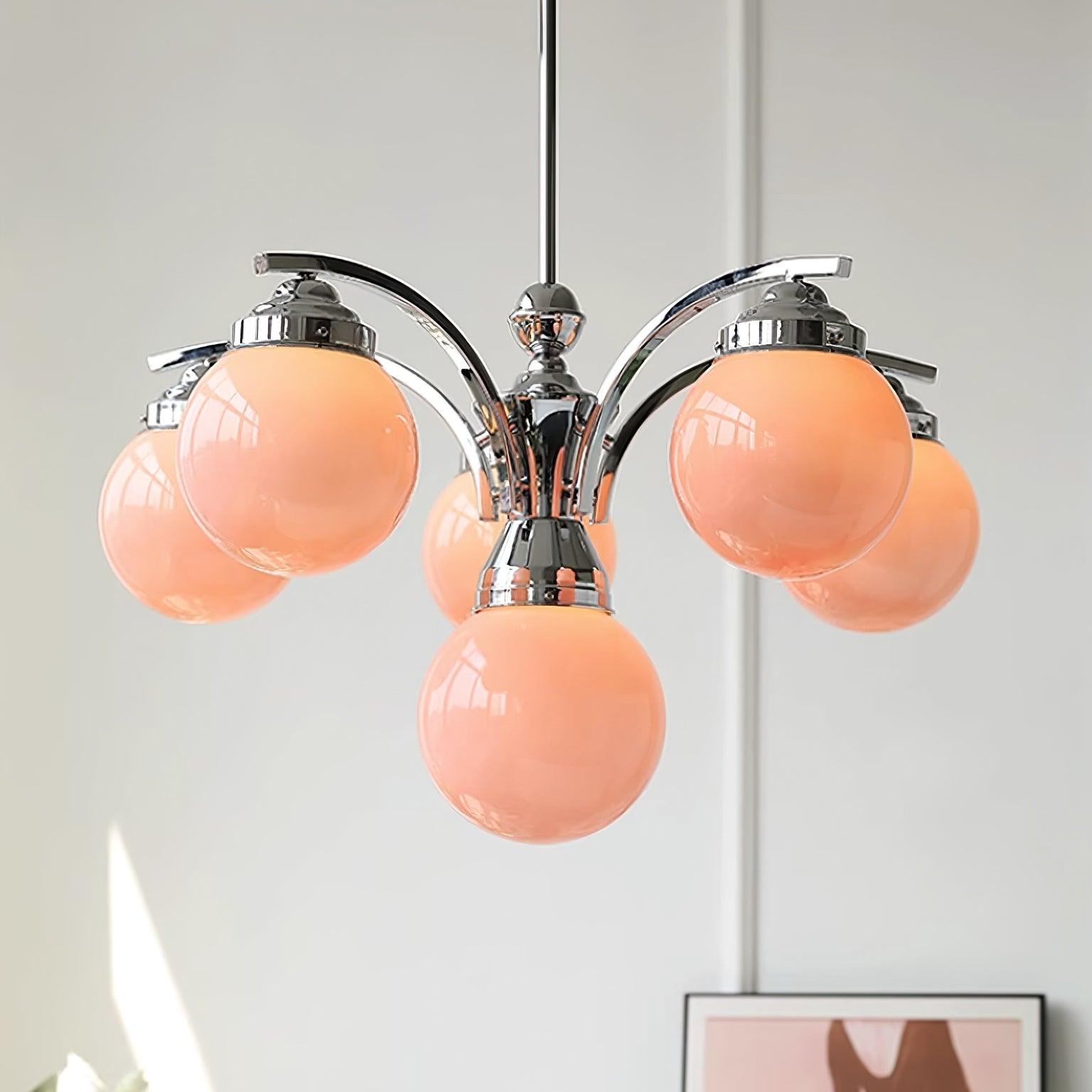 Salamanca Chandelier Pink Glass Globes Chrome Arcs Stylish - Letslighting