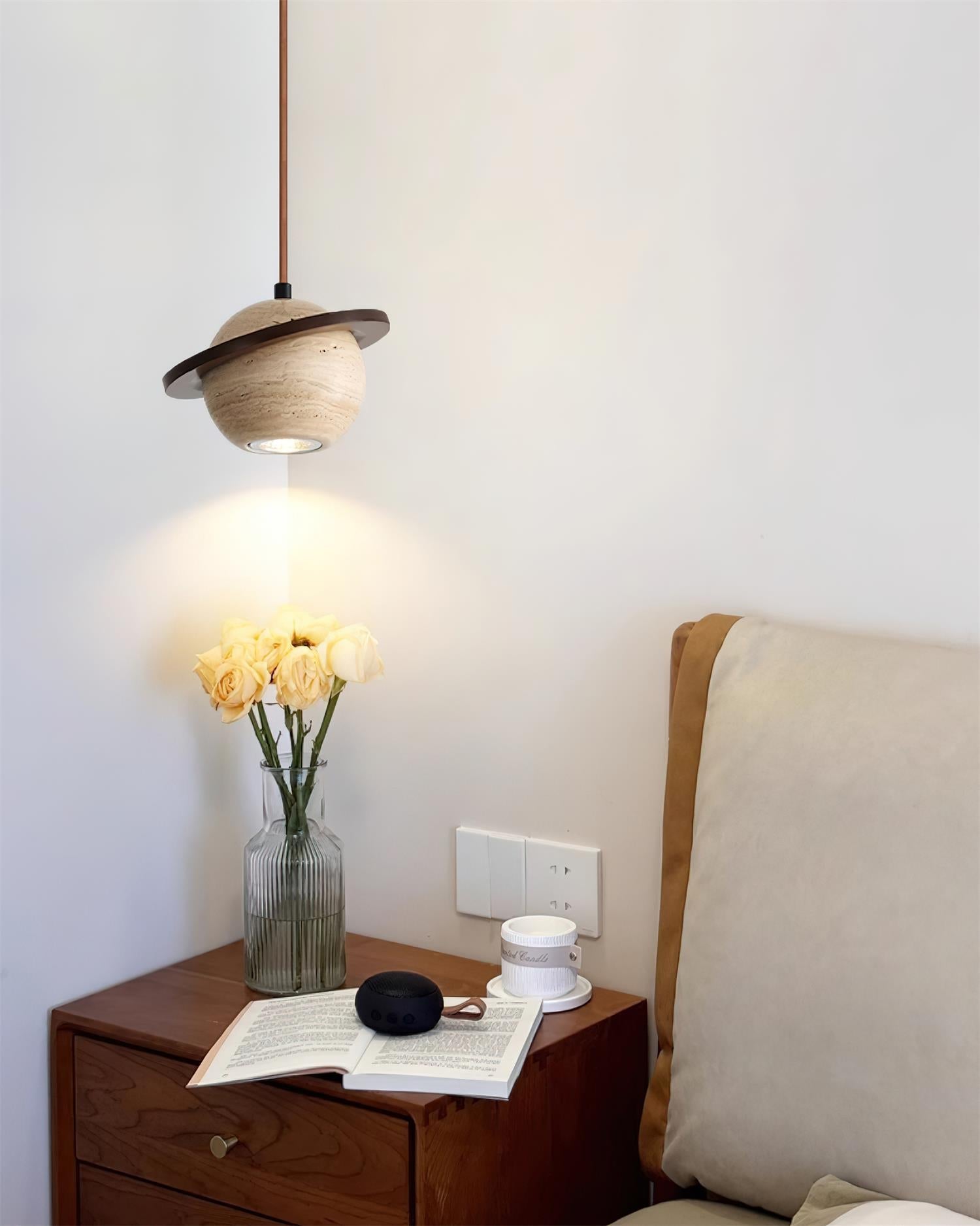 Pendant Light Travertine Planet Walnut Wood Ambient Minimalist - Letslighting