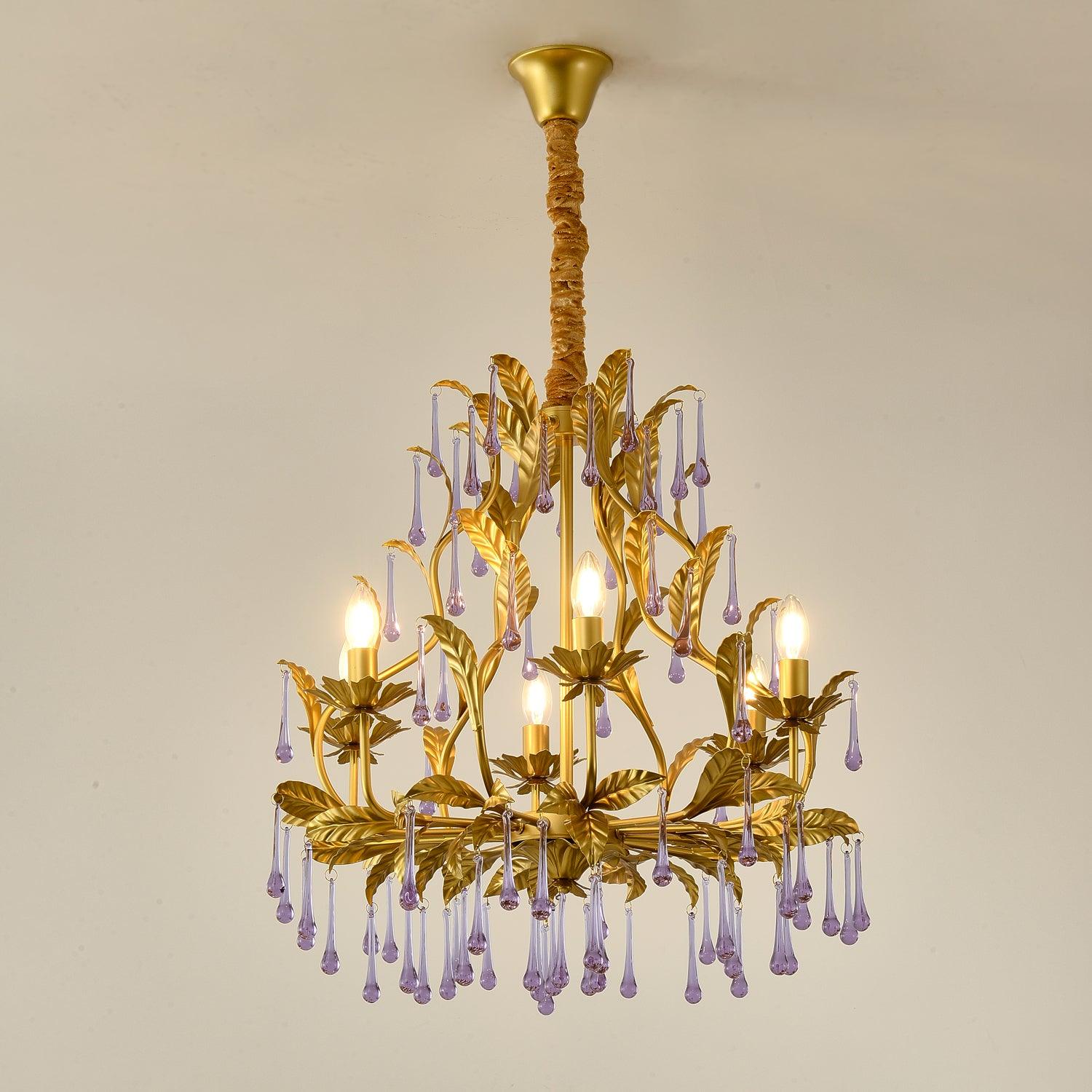 Purple Murano Chandelier Gold Leaves Crystal Elegance - Letslighting