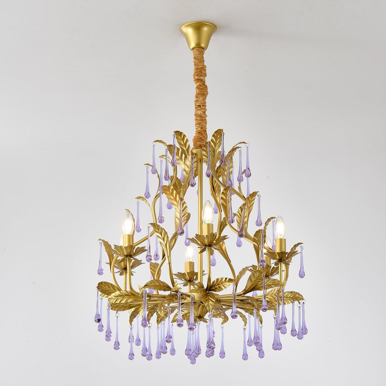 Purple Murano Chandelier Gold Leaves Crystal Elegance - Letslighting