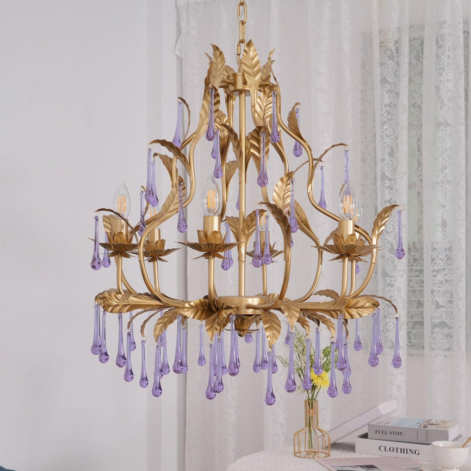 Purple Murano Chandelier Gold Leaves Crystal Elegance - Letslighting