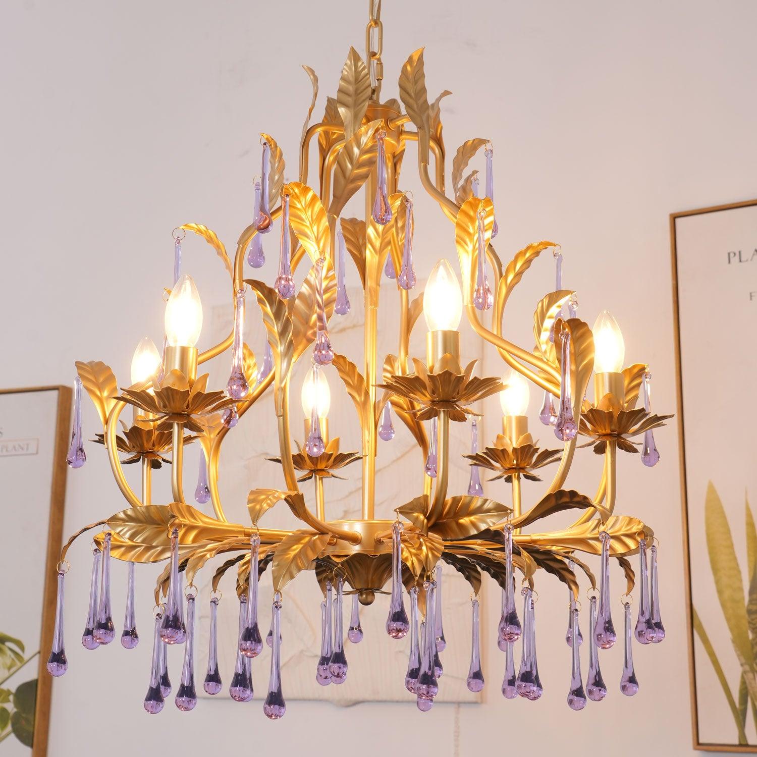 Purple Murano Chandelier Gold Leaves Crystal Elegance - Letslighting