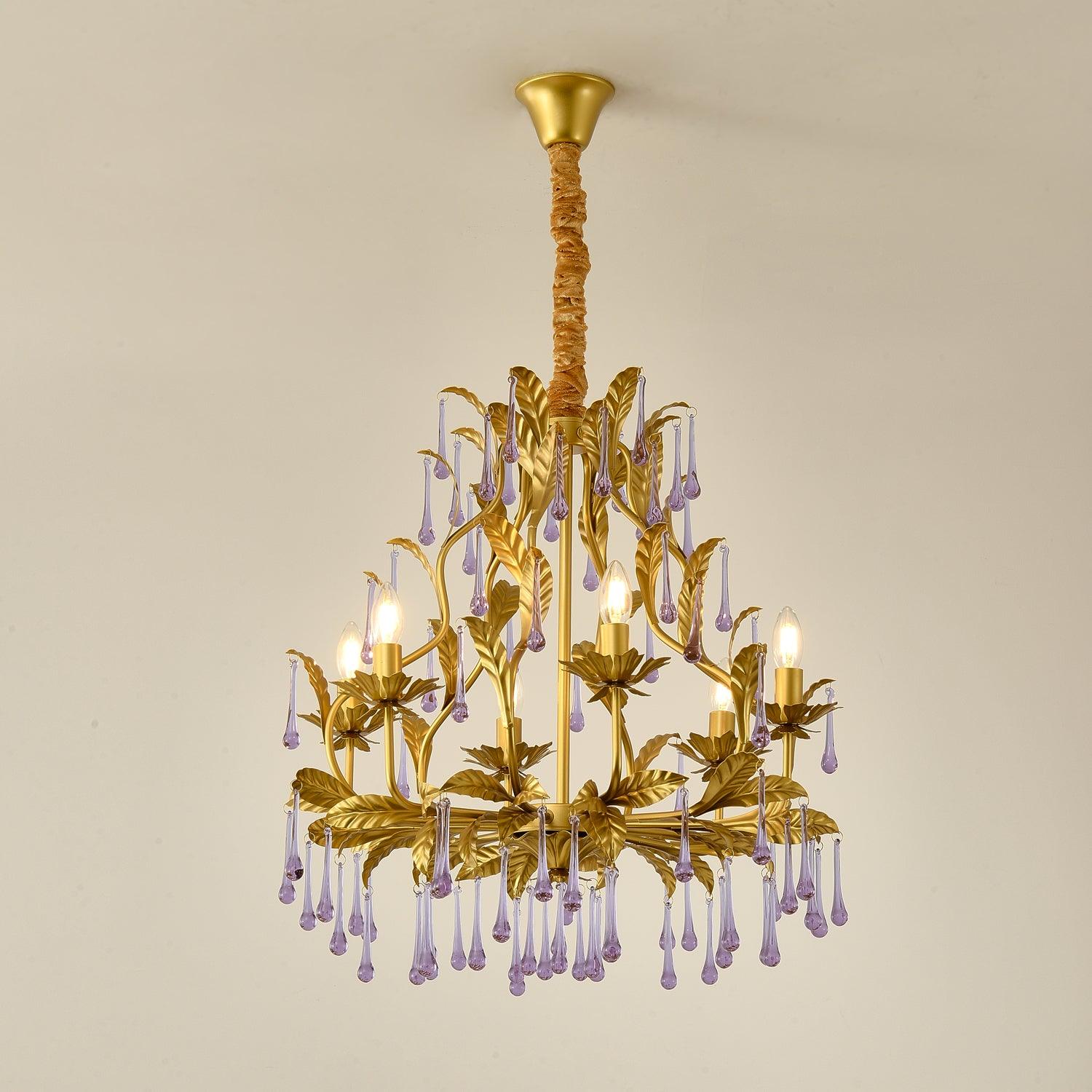 Purple Murano Chandelier Gold Leaves Crystal Elegance - Letslighting