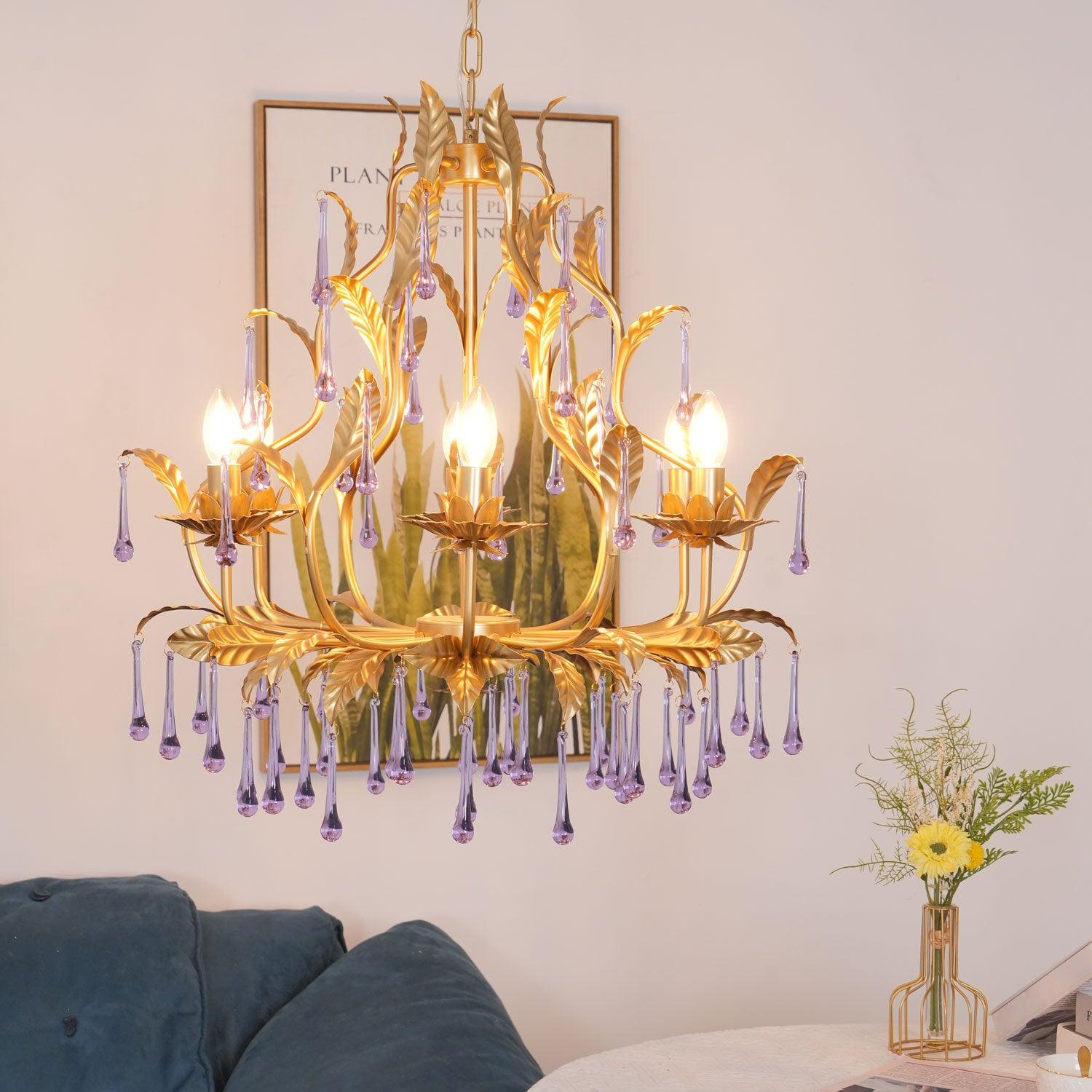 Purple Murano Chandelier Gold Leaves Crystal Elegance - Letslighting