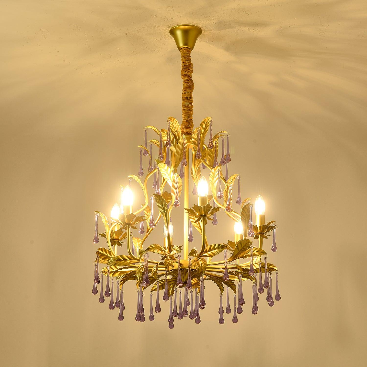 Purple Murano Chandelier Gold Leaves Crystal Elegance - Letslighting