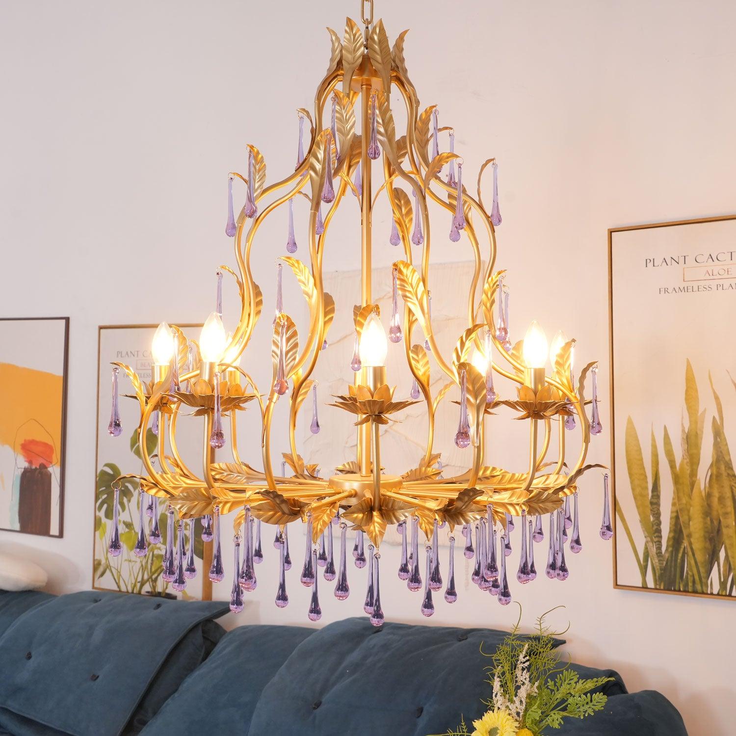 Purple Murano Chandelier Gold Leaves Crystal Elegance - Letslighting