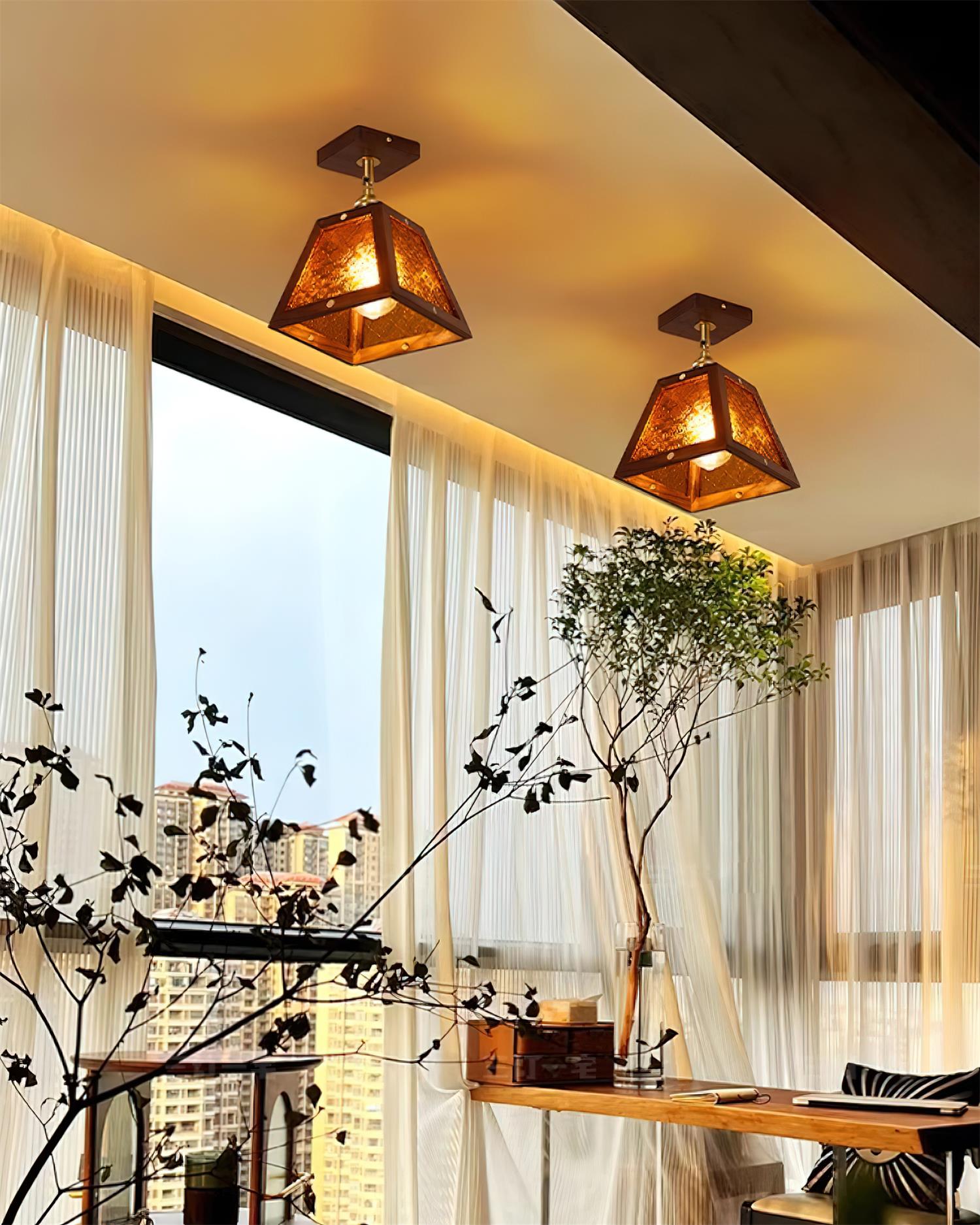 Radia Ceiling Lamp Wooden Frame Glass Panels Geometric - Letslighting