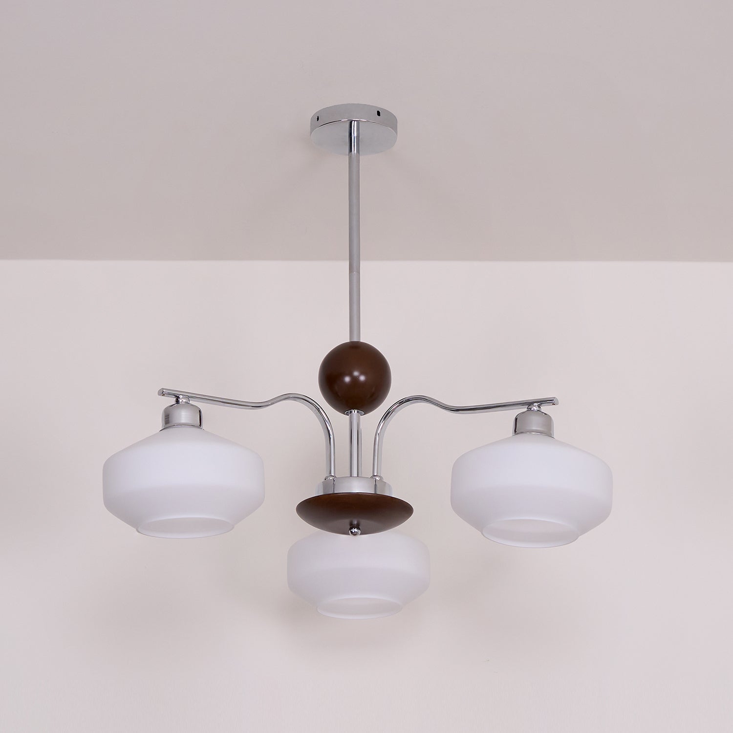 Chandelier White Glass Shades Chrome Walnut Arms Retro - Letslighting