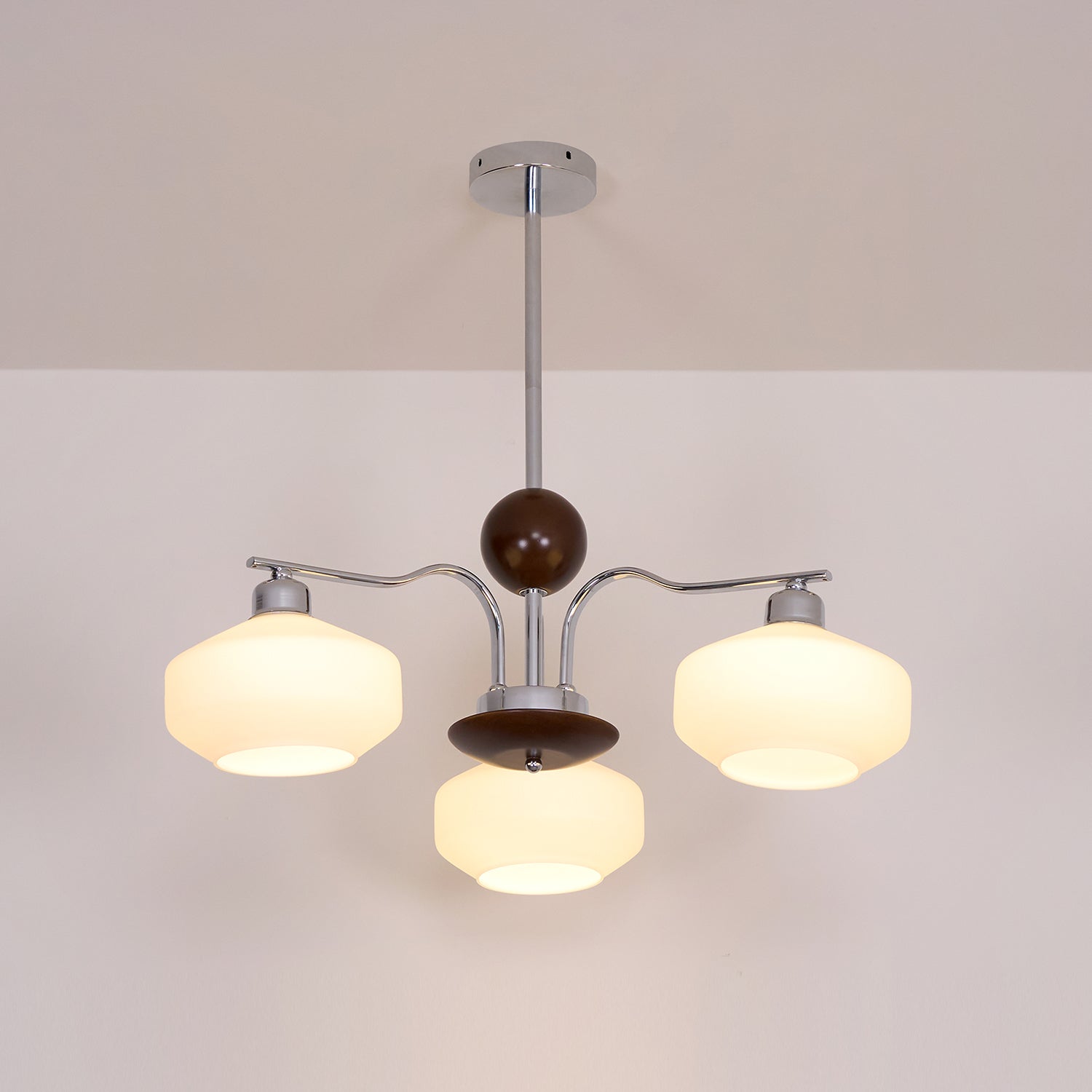 Chandelier White Glass Shades Chrome Walnut Arms Retro - Letslighting