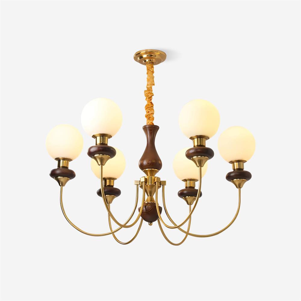 Chandelier Brass Curved Arms Walnut Vintage Elegant - Letslighting