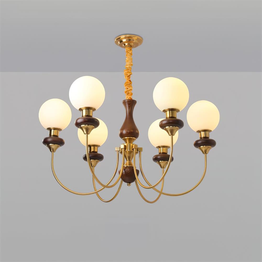 Chandelier Brass Curved Arms Walnut Vintage Elegant - Letslighting