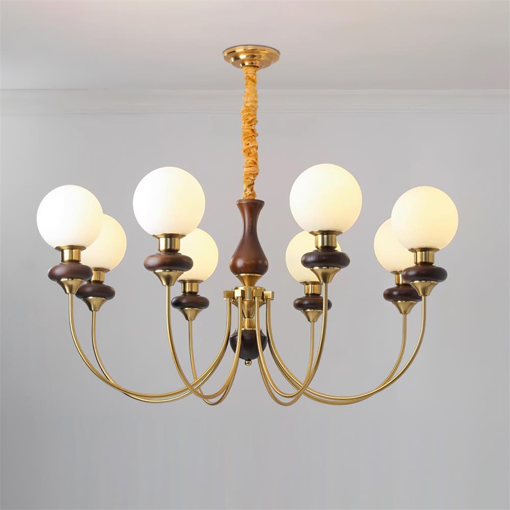 Chandelier Brass Curved Arms Walnut Vintage Elegant - Letslighting