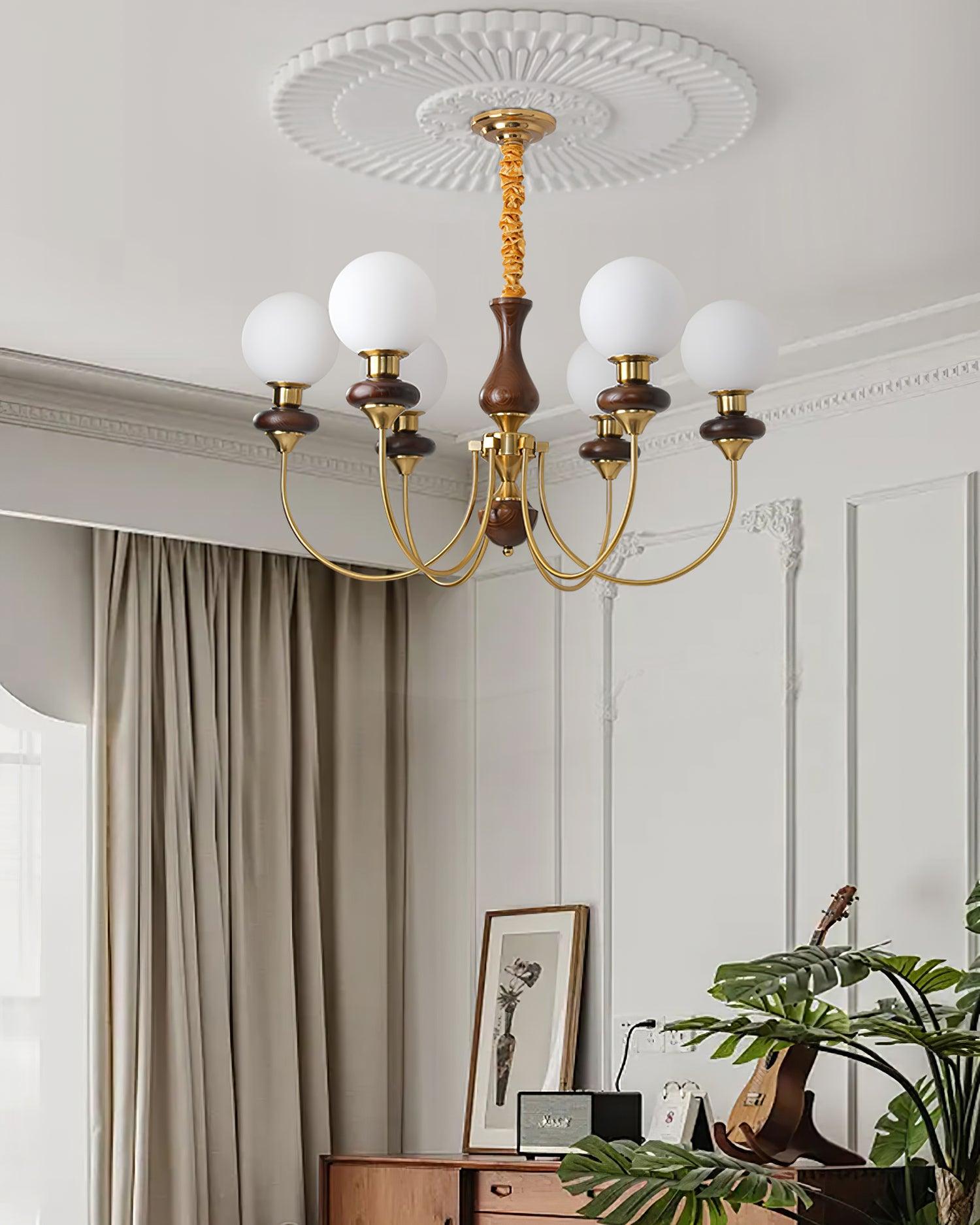 Chandelier Brass Curved Arms Walnut Vintage Elegant - Letslighting
