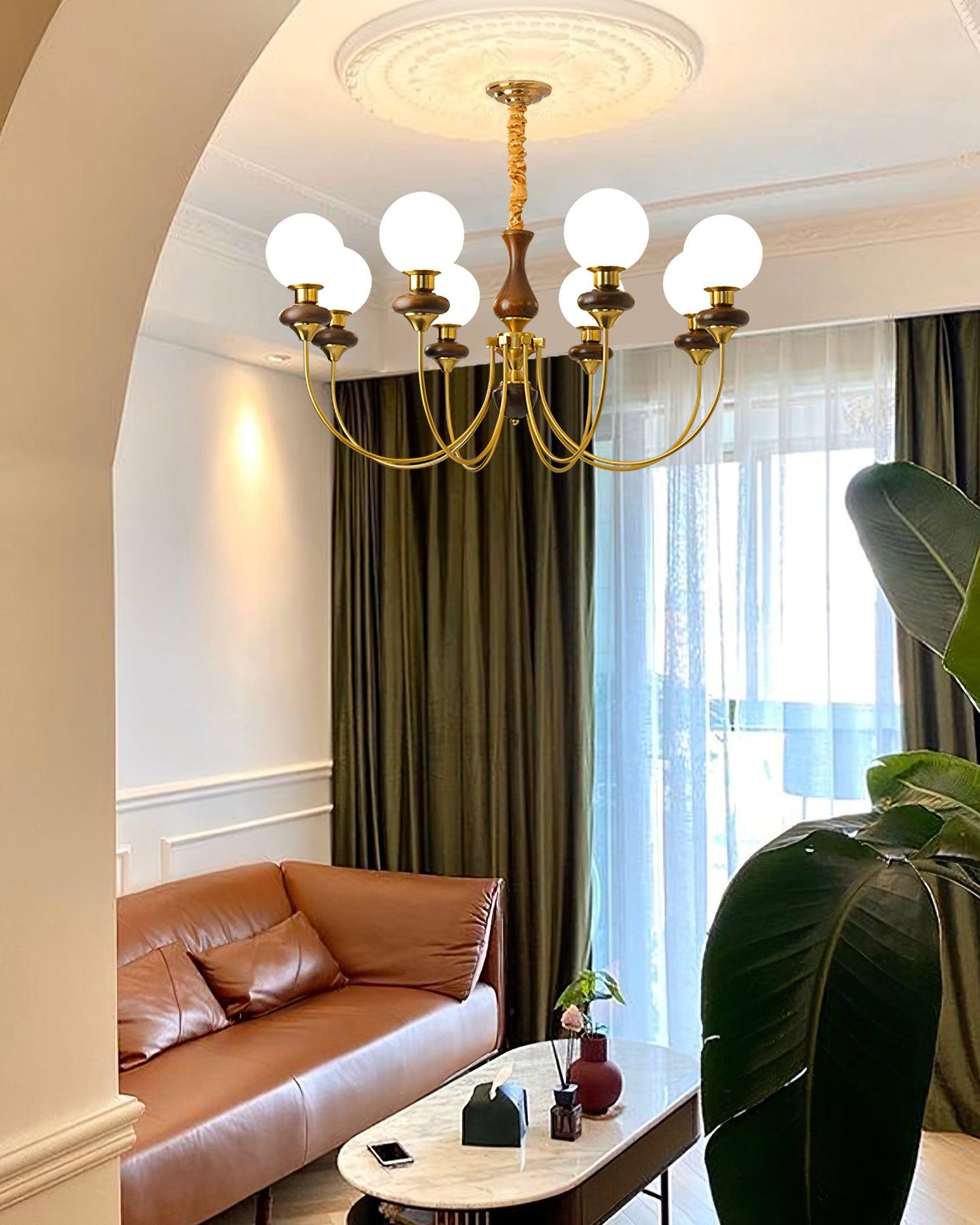 Chandelier Brass Curved Arms Walnut Vintage Elegant - Letslighting