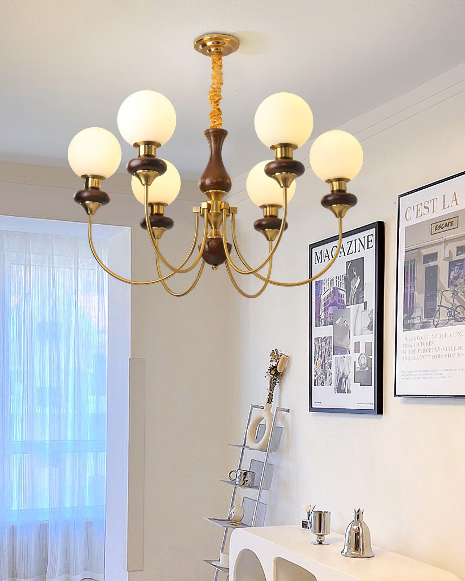 Chandelier Brass Curved Arms Walnut Vintage Elegant - Letslighting