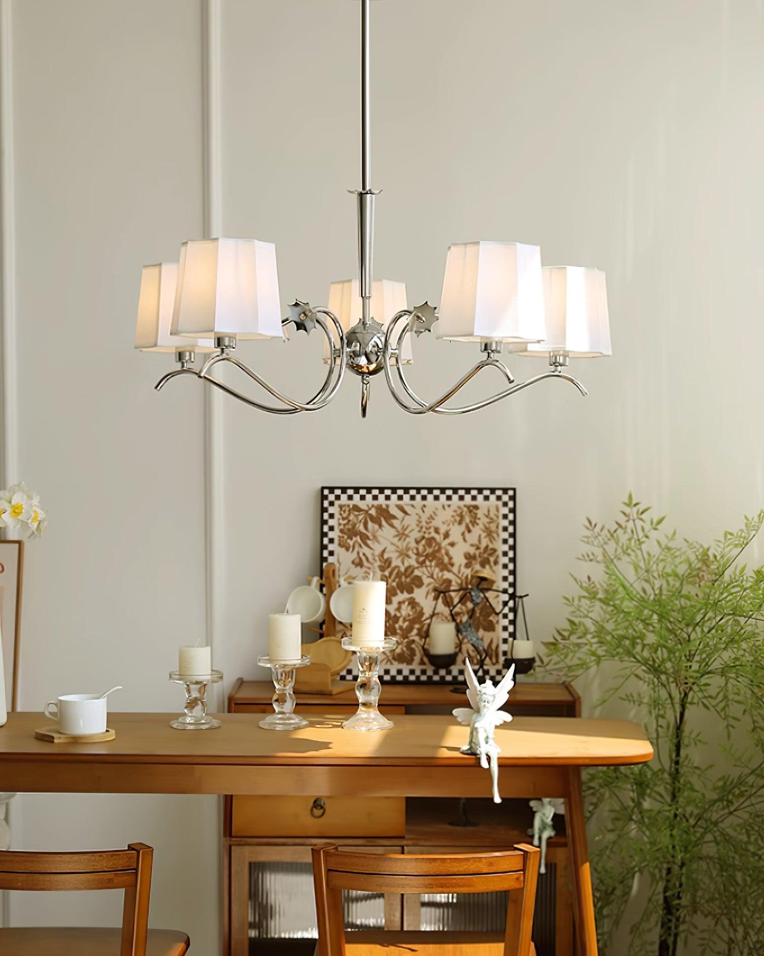 Rockville Chandelier Fabric Shades Nickel Curved Arms Elegant - Letslighting