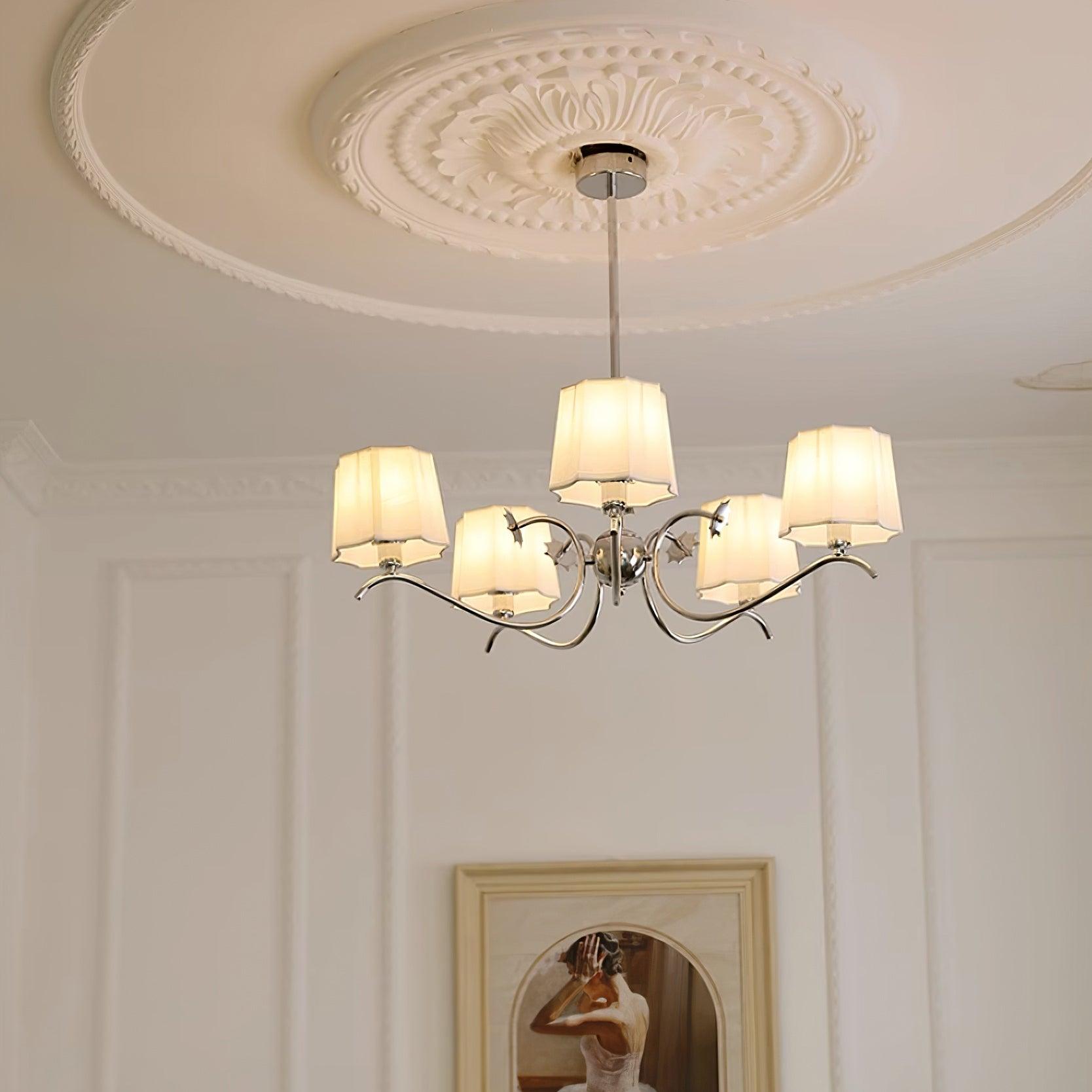 Rockville Chandelier Fabric Shades Nickel Curved Arms Elegant - Letslighting