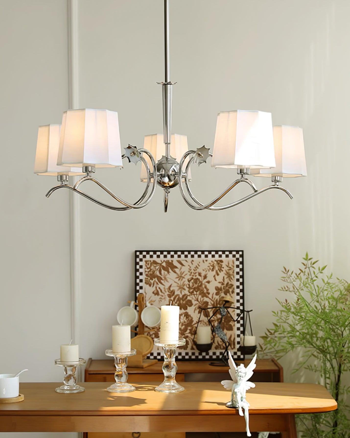 Rockville Chandelier Fabric Shades Nickel Curved Arms Elegant - Letslighting