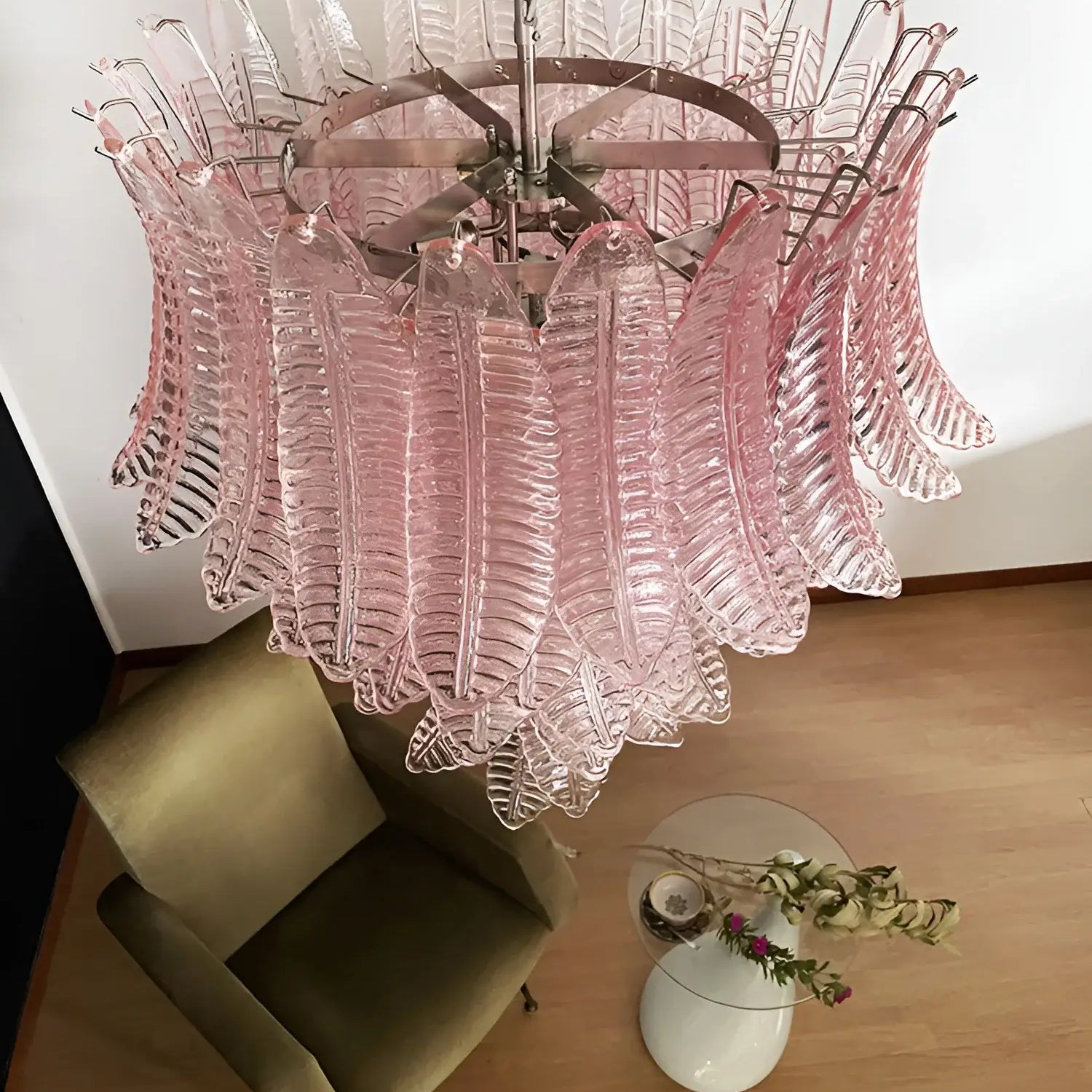 Aurora Chandelier Pink Murano Glass Leaves Cascading Romantic - Letslighting