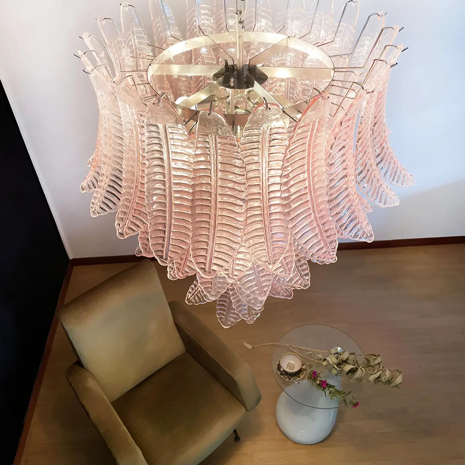 Aurora Chandelier Pink Murano Glass Leaves Cascading Romantic - Letslighting