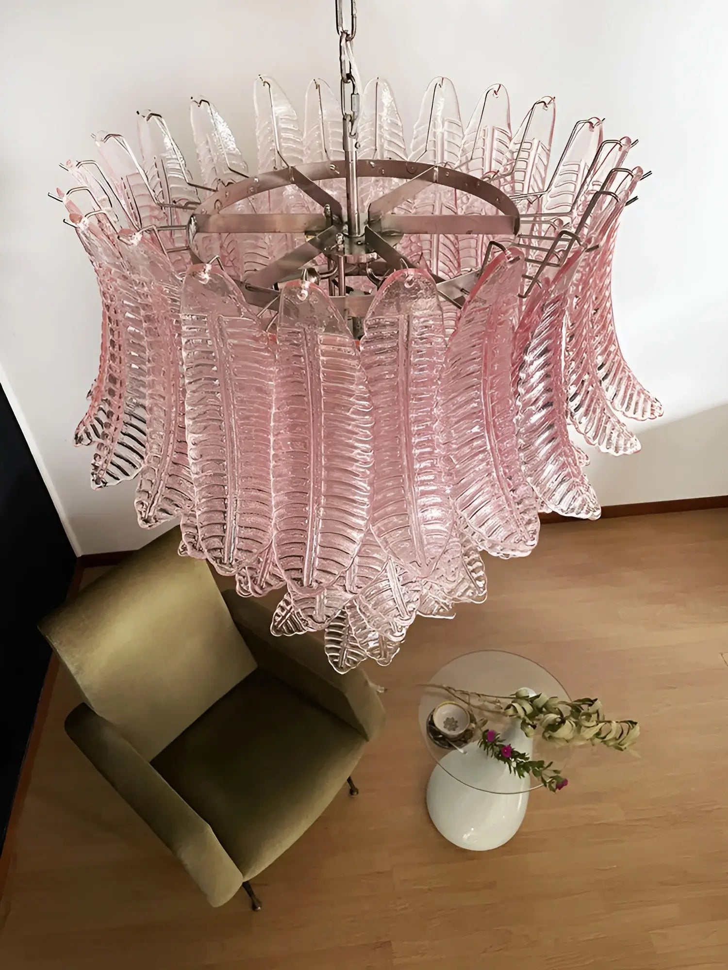 Aurora Chandelier Pink Murano Glass Leaves Cascading Romantic - Letslighting