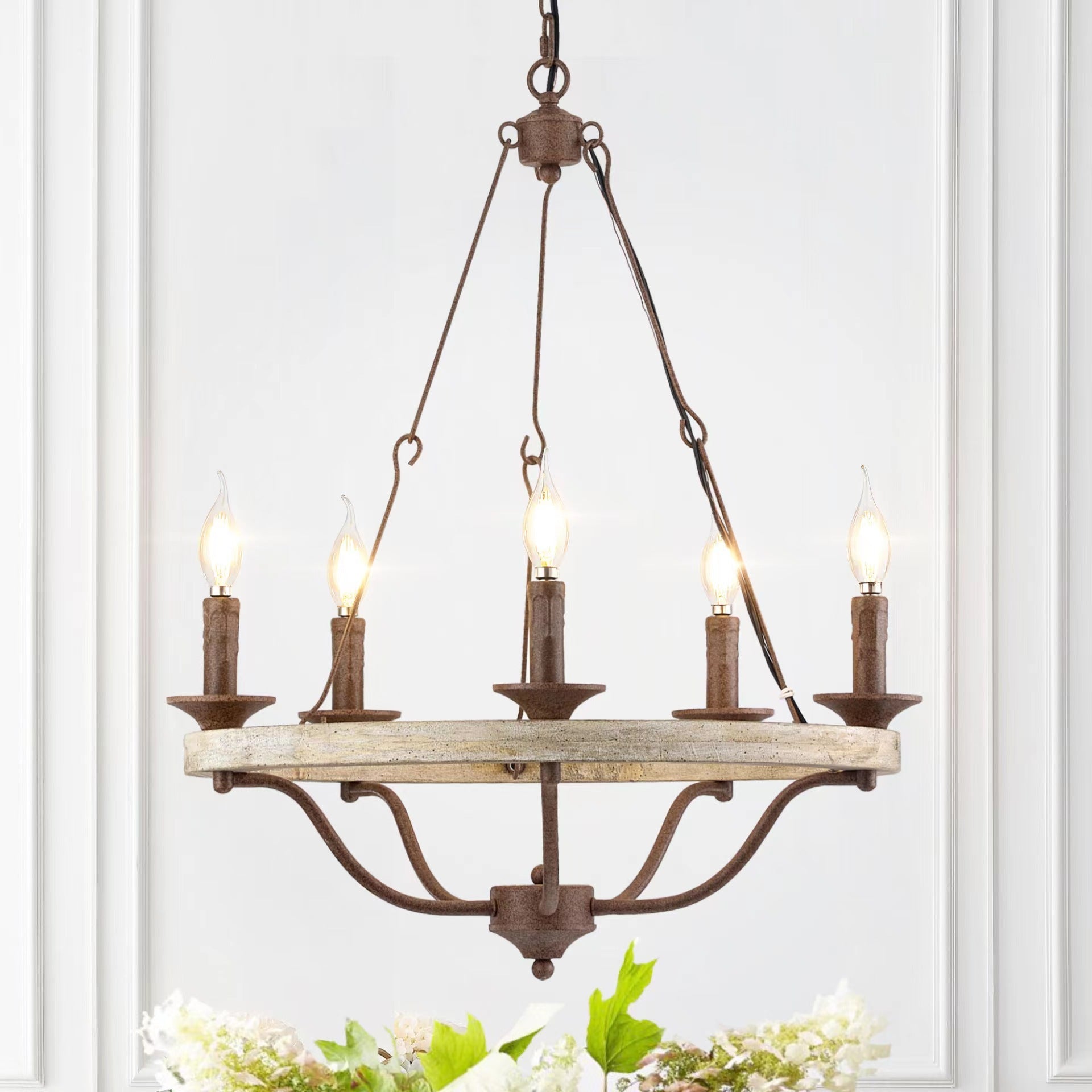 Rosalind Vintage Industrial Wheeler Wooden Metal Chandelier - Lamp Copper