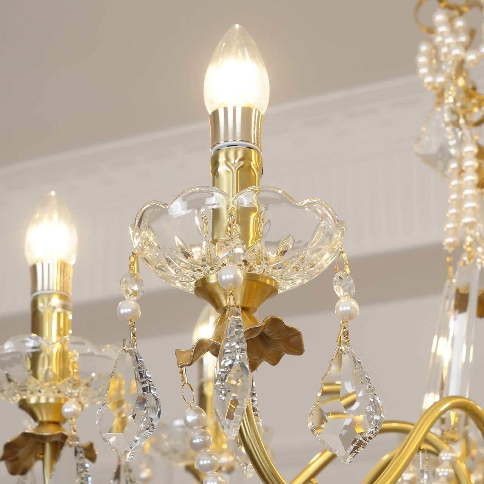 Chandelier Brass Body Crystal Pearl Drops Vintage Elegance - Letslighting