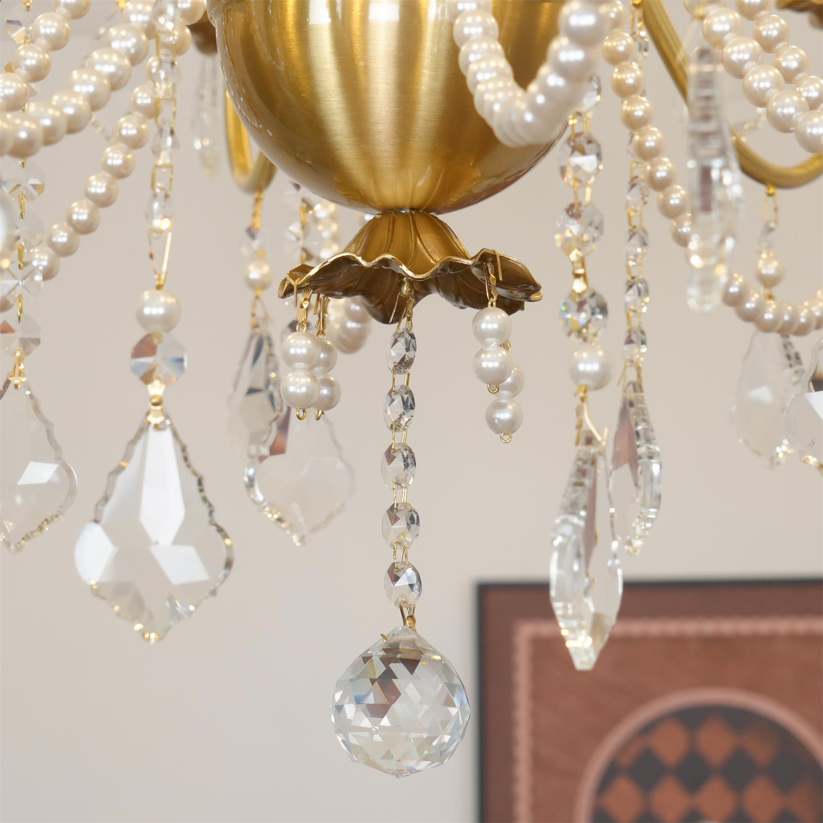 Chandelier Brass Body Crystal Pearl Drops Vintage Elegance - Letslighting