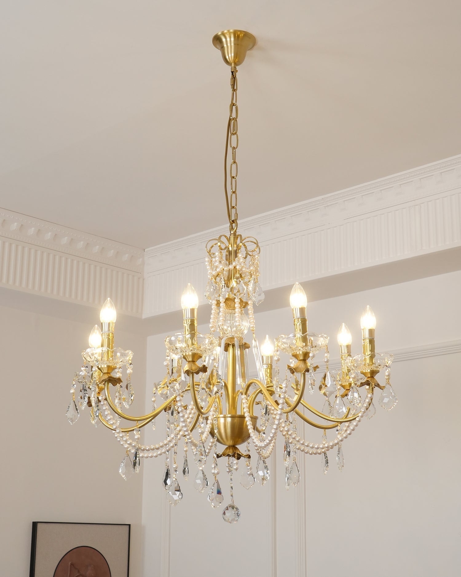 Chandelier Brass Body Crystal Pearl Drops Vintage Elegance - Letslighting