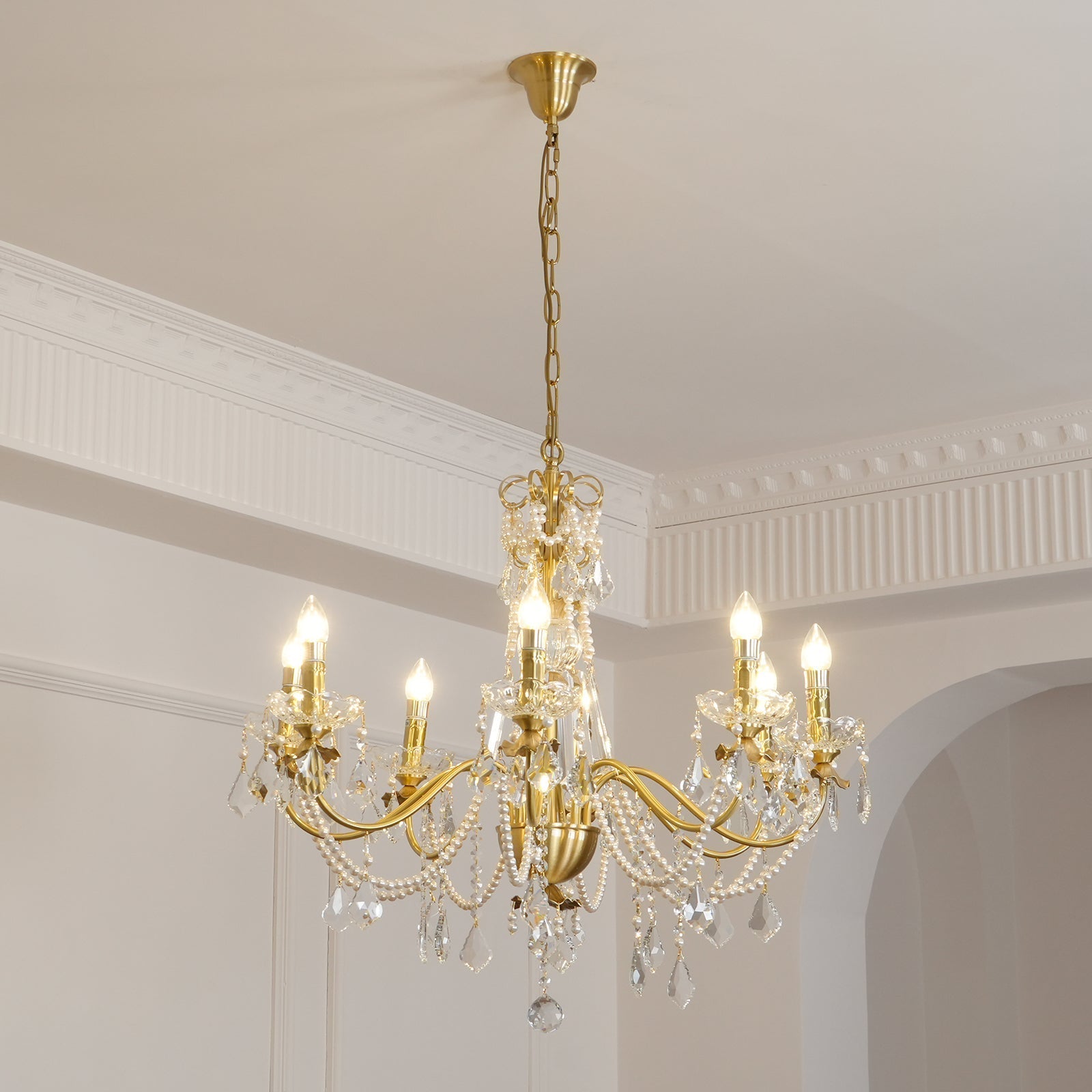 Chandelier Brass Body Crystal Pearl Drops Vintage Elegance - Letslighting