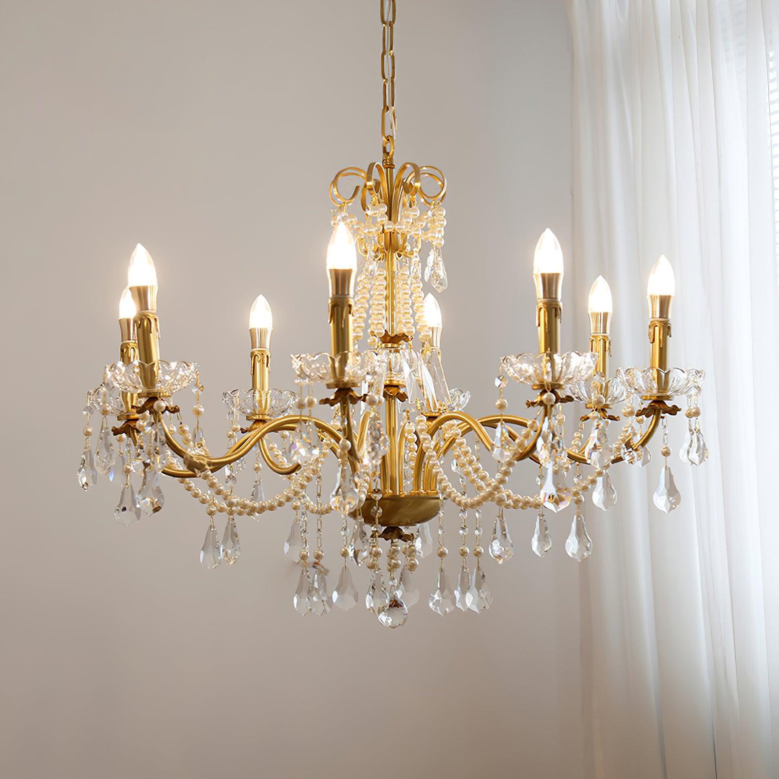 Chandelier Brass Body Crystal Pearl Drops Vintage Elegance - Letslighting