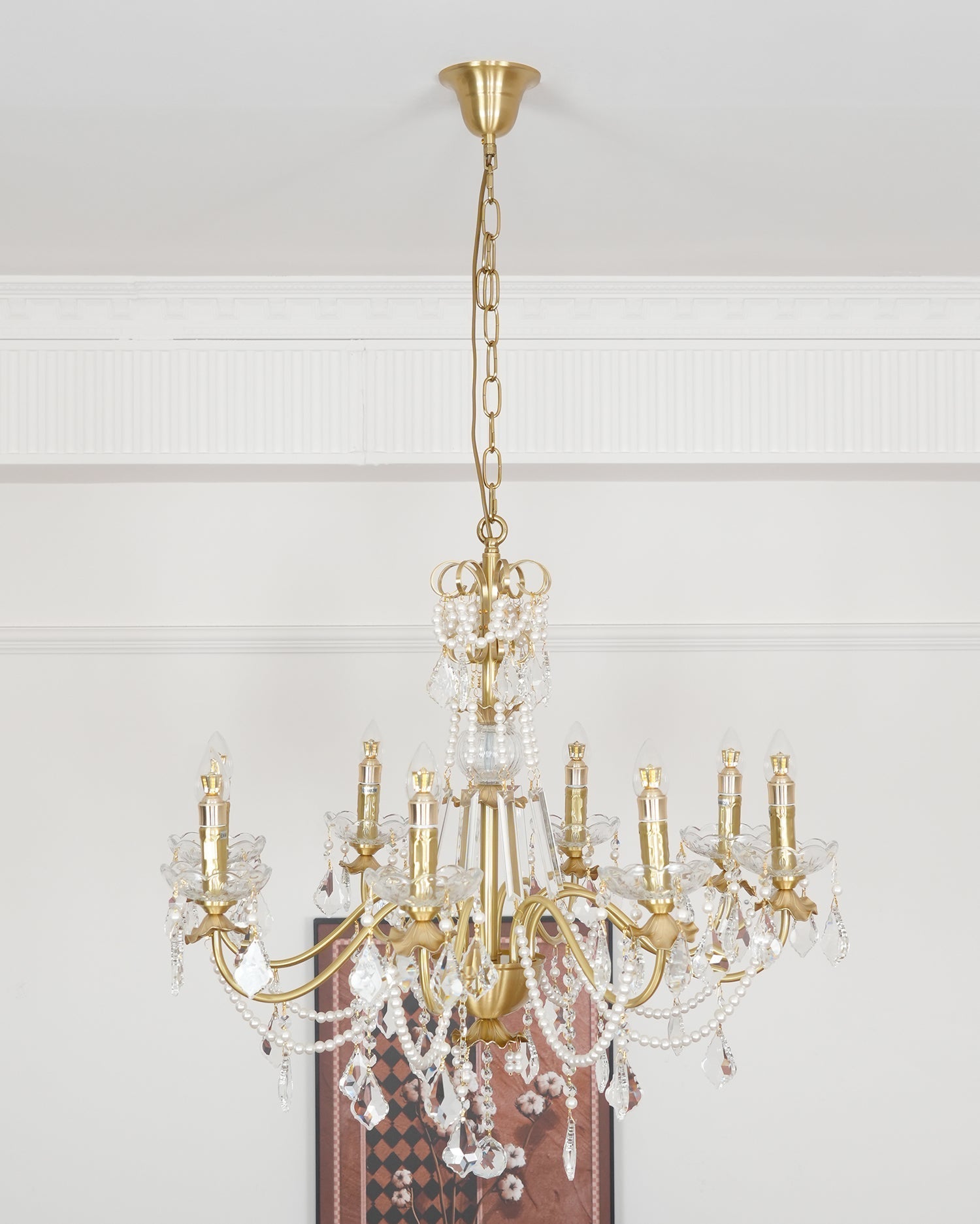 Chandelier Brass Body Crystal Pearl Drops Vintage Elegance - Letslighting