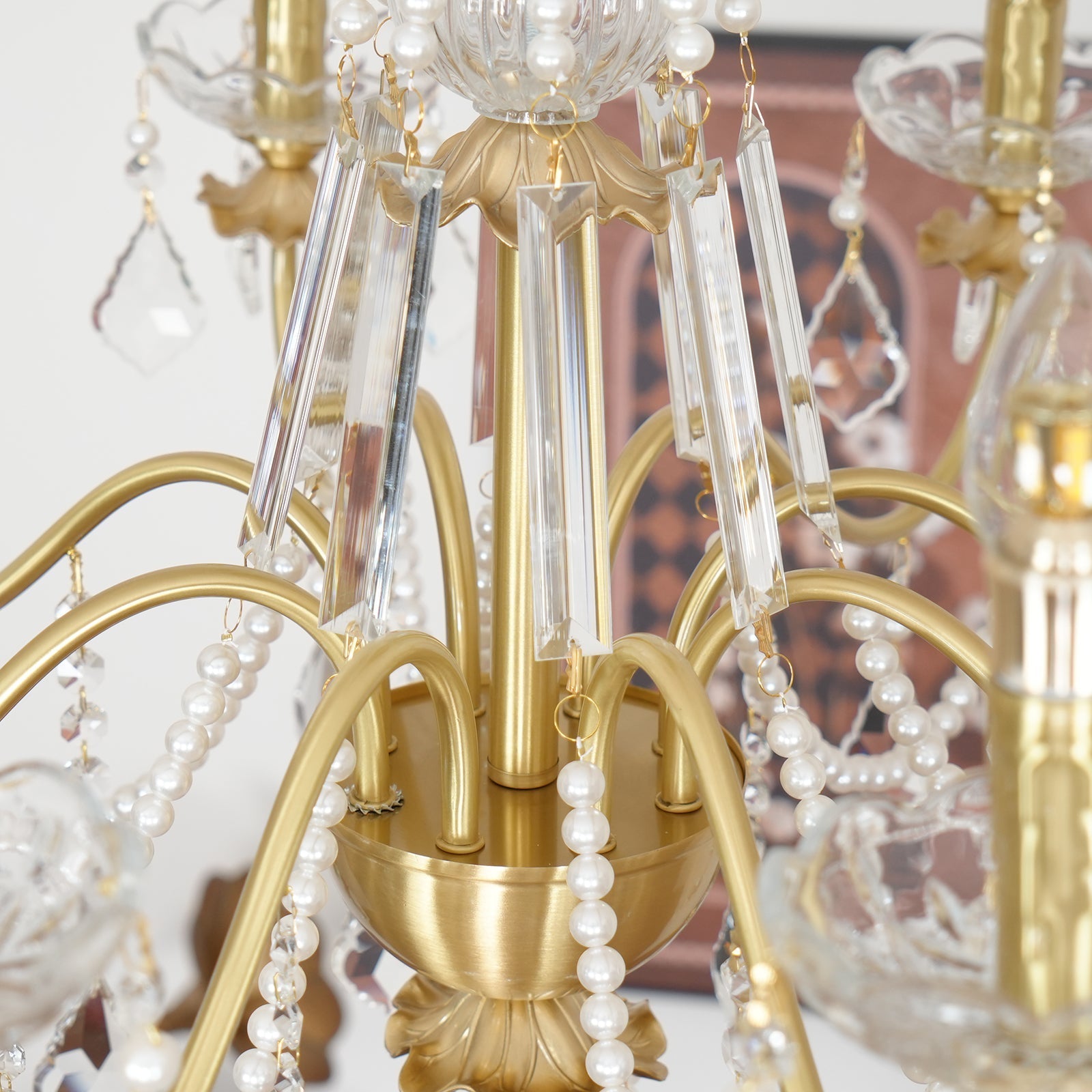 Chandelier Brass Body Crystal Pearl Drops Vintage Elegance - Letslighting
