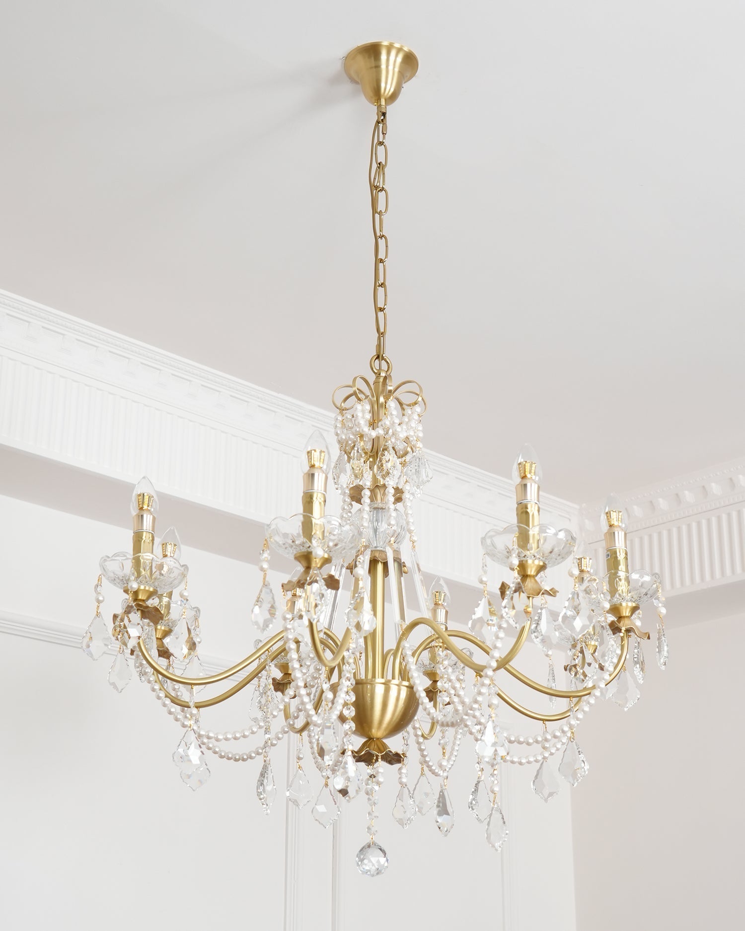 Chandelier Brass Body Crystal Pearl Drops Vintage Elegance - Letslighting