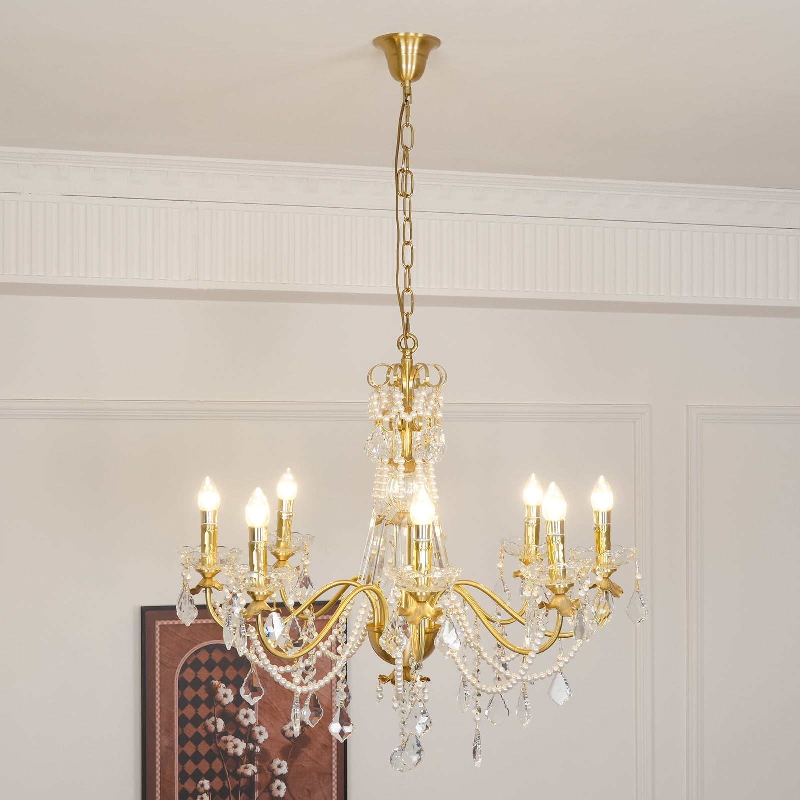 Chandelier Brass Body Crystal Pearl Drops Vintage Elegance - Letslighting