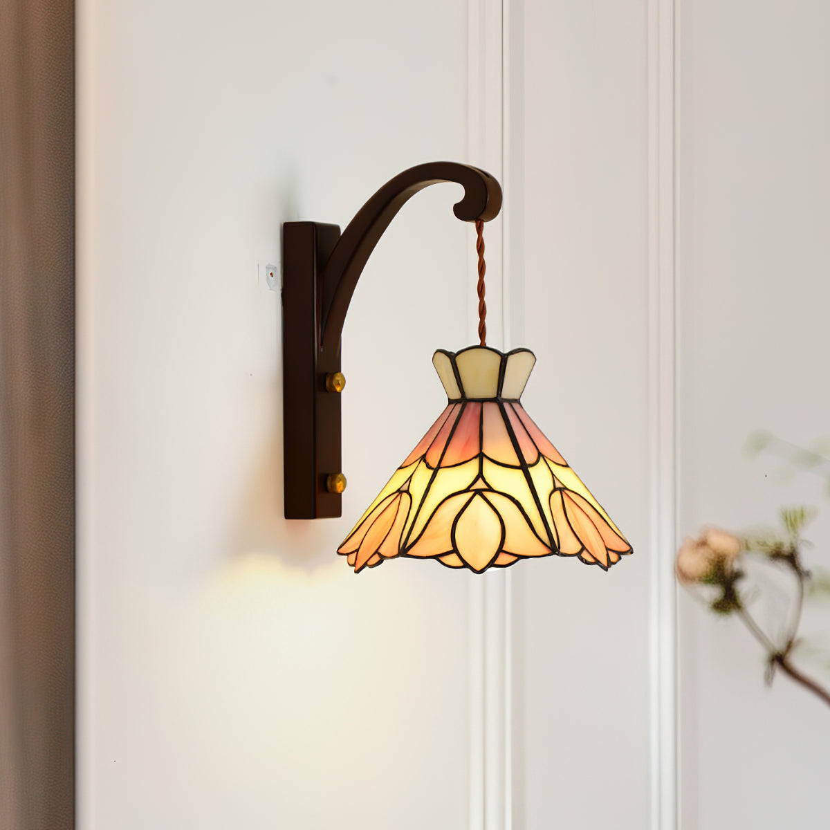 Wall Lamp Wood Body Tiffany Glass Shade Pink Floral Vintage Art - Letslighting