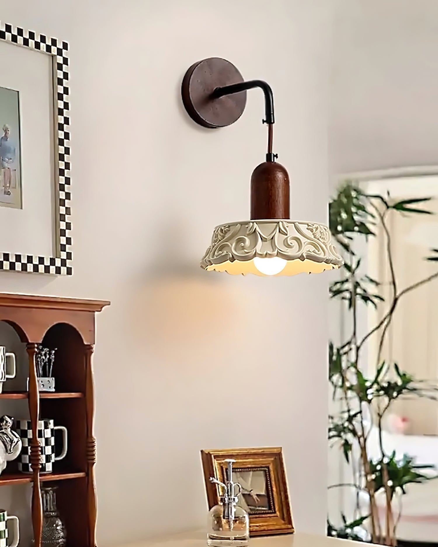 Wall Lamp with Carved Resin Shade Walnut Wood Arm Vintage - Letslighting