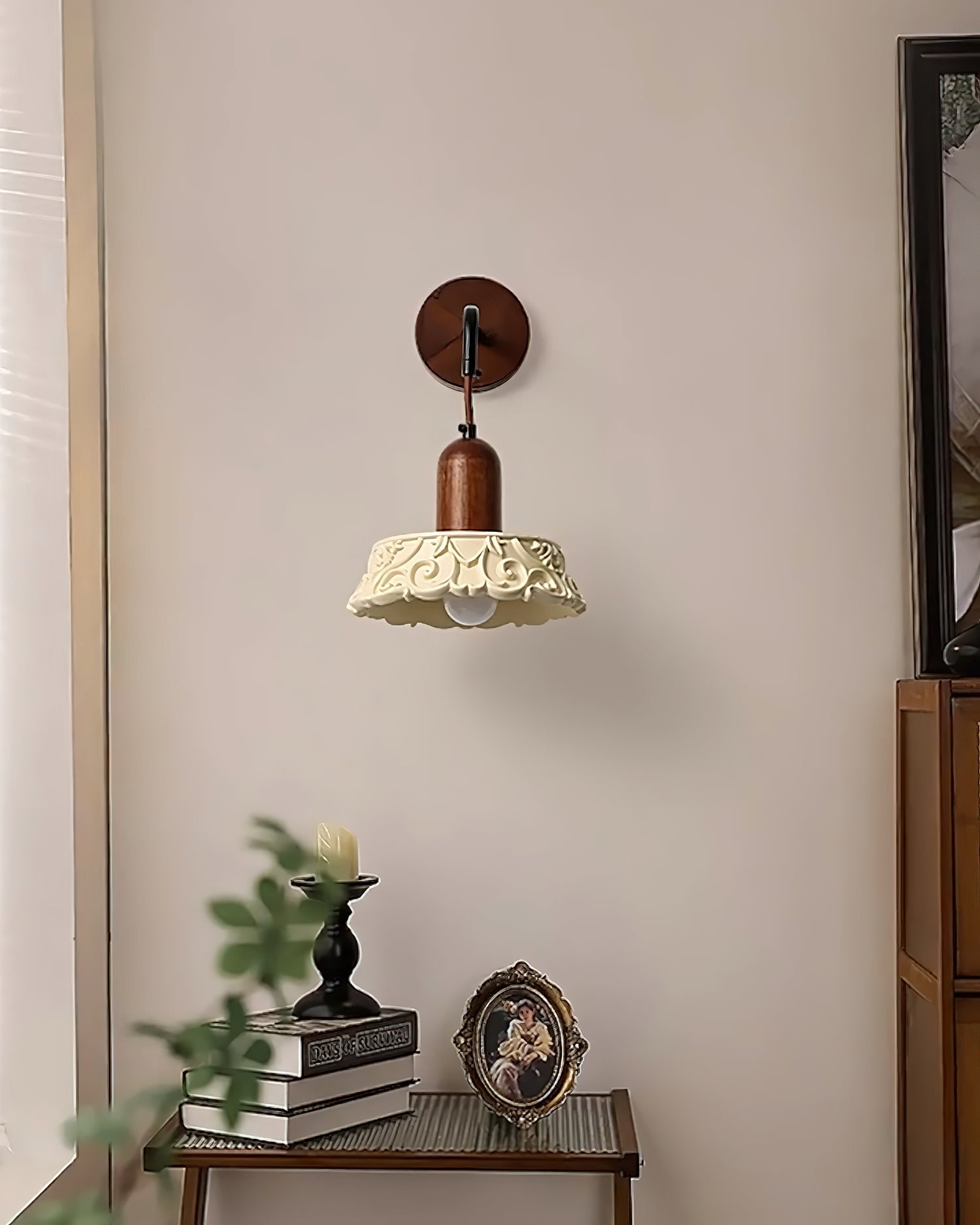 Wall Lamp with Carved Resin Shade Walnut Wood Arm Vintage - Letslighting
