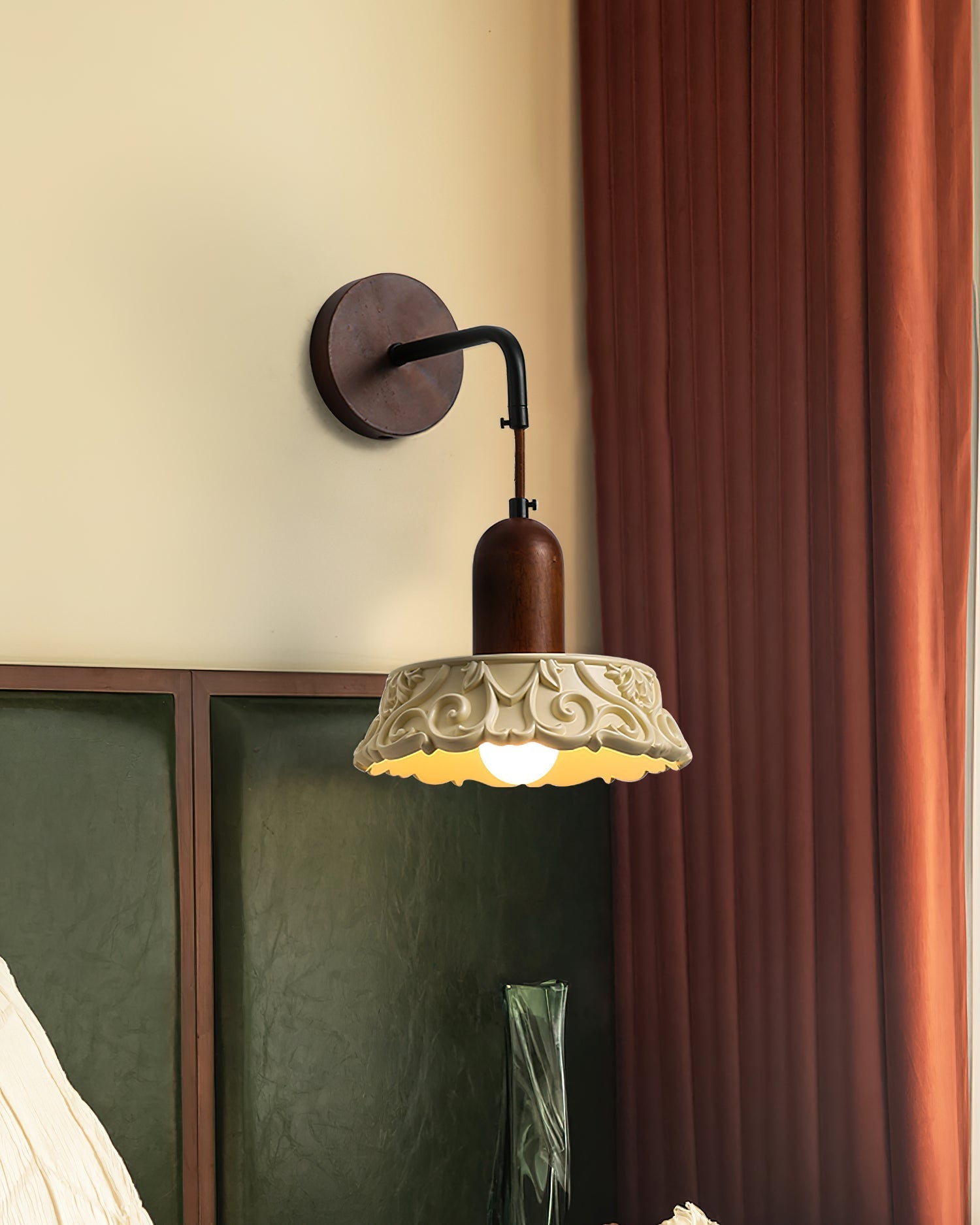 Wall Lamp with Carved Resin Shade Walnut Wood Arm Vintage - Letslighting