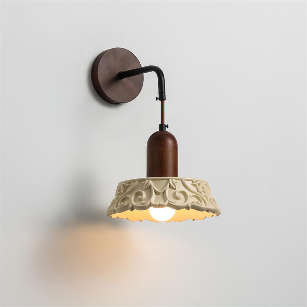Wall Lamp with Carved Resin Shade Walnut Wood Arm Vintage - Letslighting