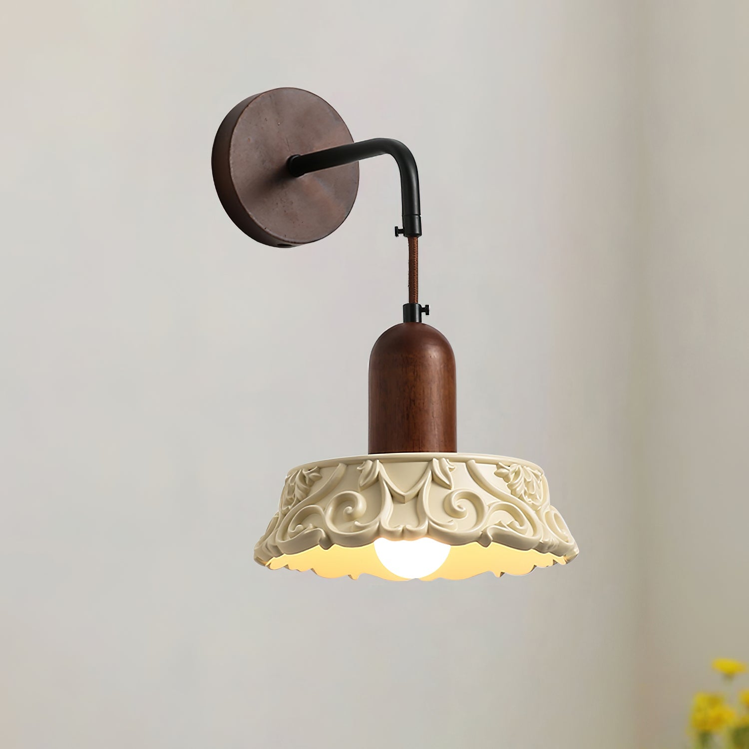 Wall Lamp with Carved Resin Shade Walnut Wood Arm Vintage - Letslighting