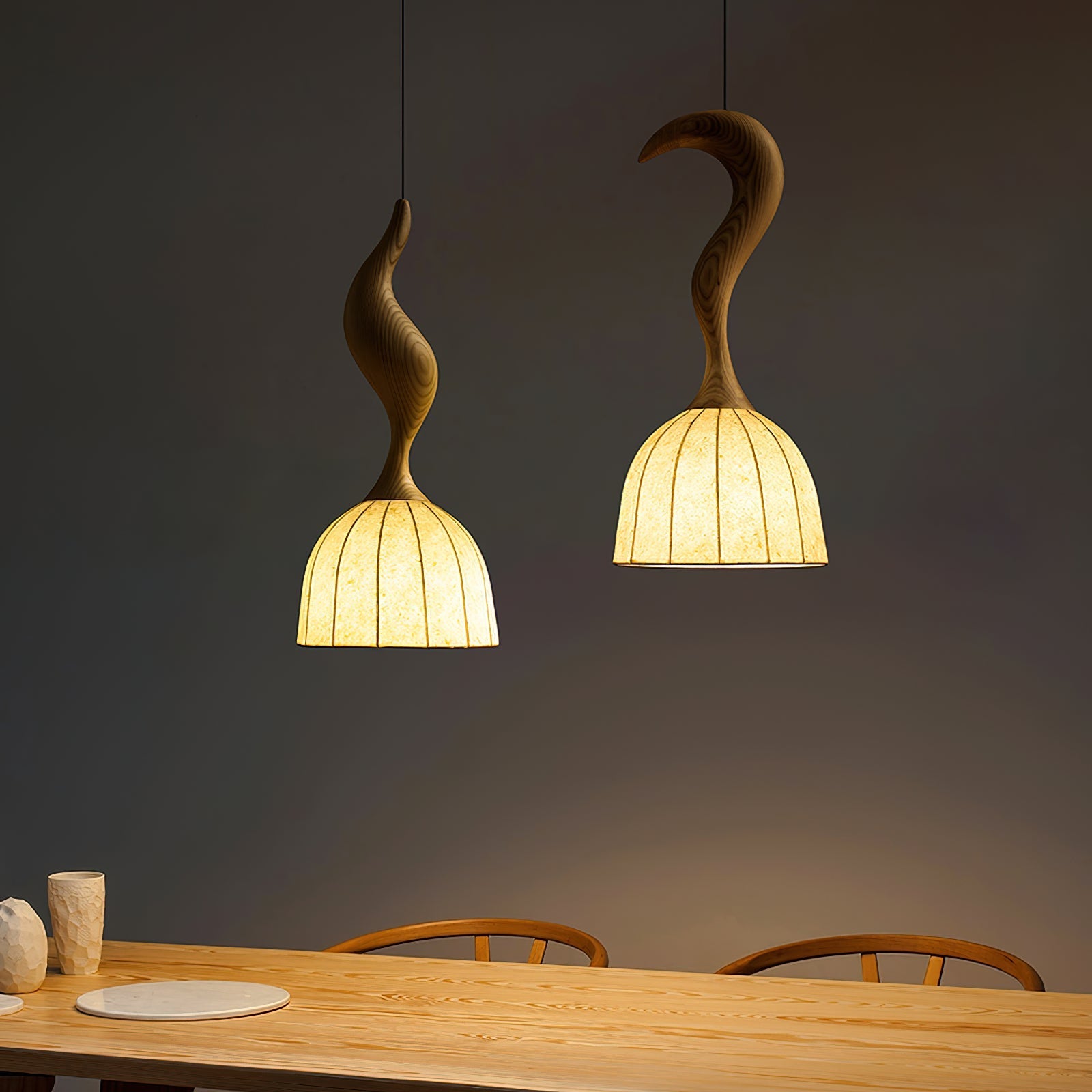 Solia Pendant Lamp Curved Stem & Fabric Wooden - Letslighting