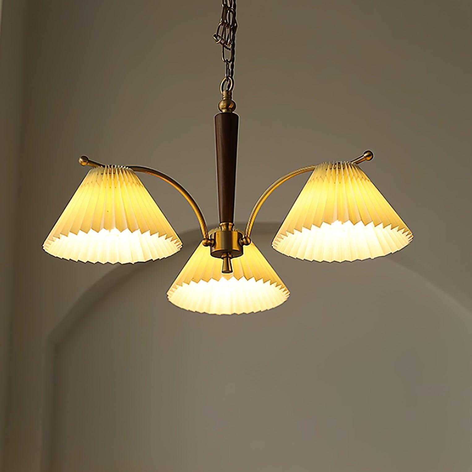 Chandelier Pleated Fabric Shades Walnut Brass Arms Warm Retro - Letslighting