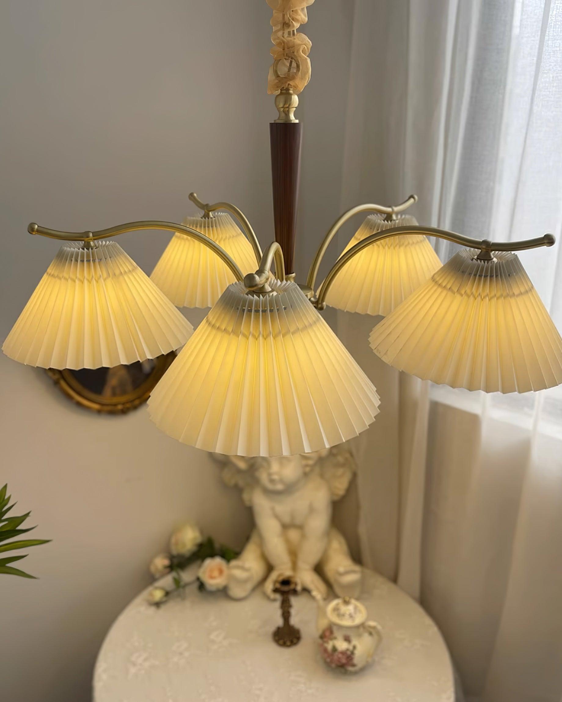 Chandelier Pleated Fabric Shades Walnut Brass Arms Warm Retro - Letslighting
