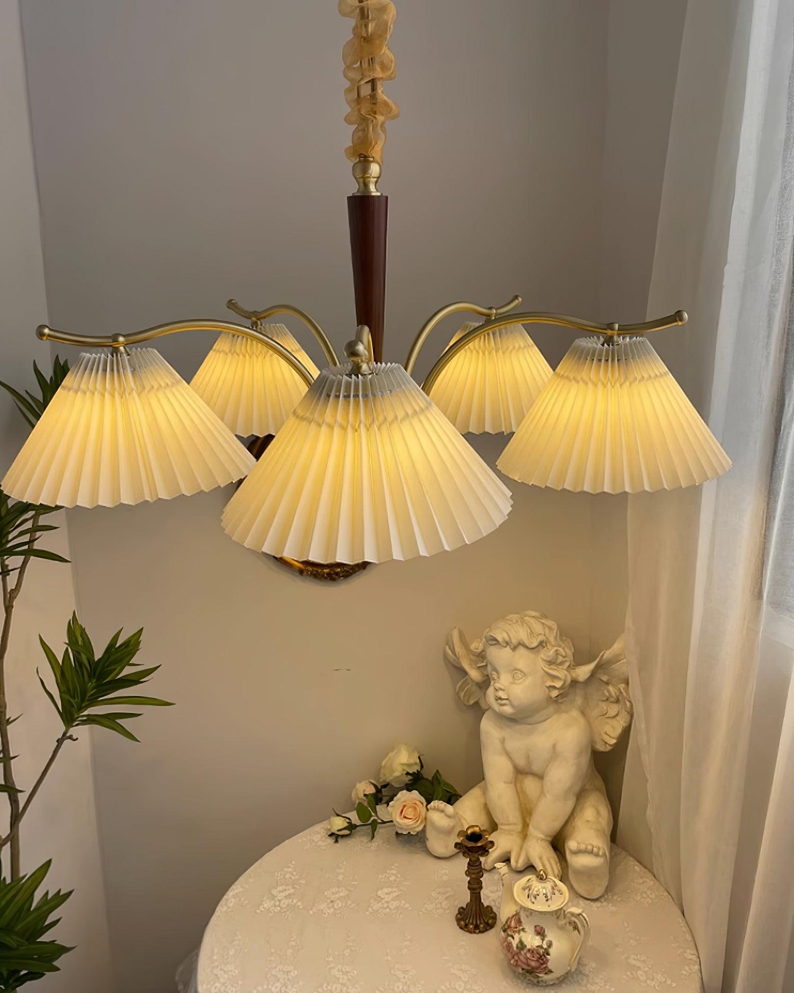 Chandelier Pleated Fabric Shades Walnut Brass Arms Warm Retro - Letslighting