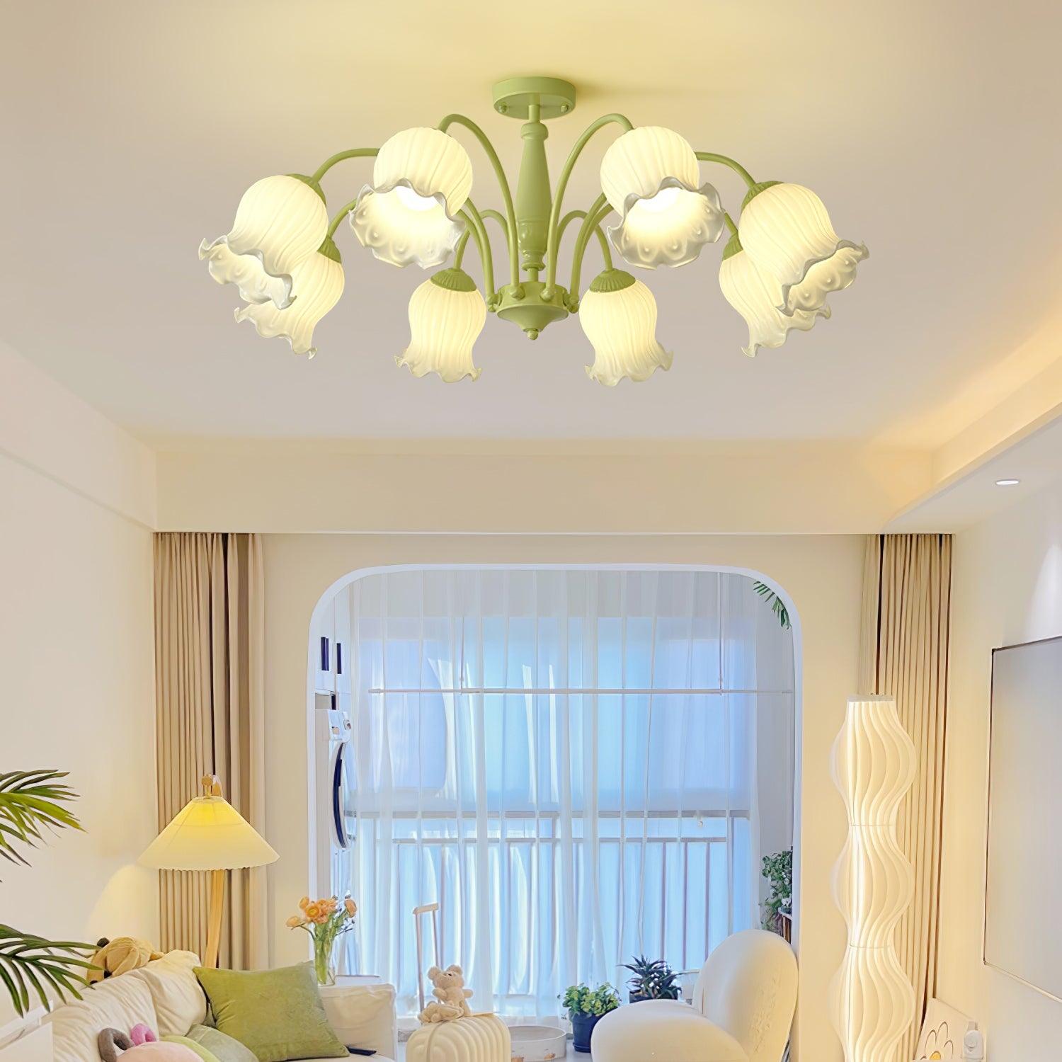 Lustra Trumpet Chandelier Floral Pastel Glass Petals - Blowlighting