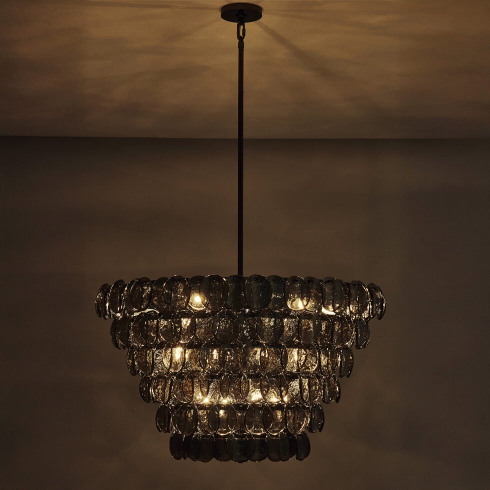 Aurora Chandelier Large Amber Glass Disc Fish Scale Brass - Letslighting