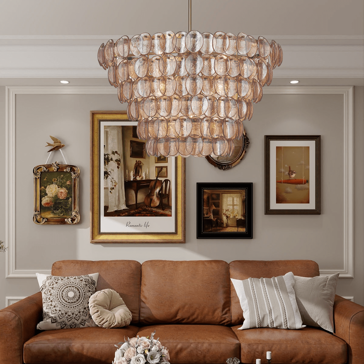 Aurora Chandelier Large Amber Glass Disc Fish Scale Brass - Letslighting
